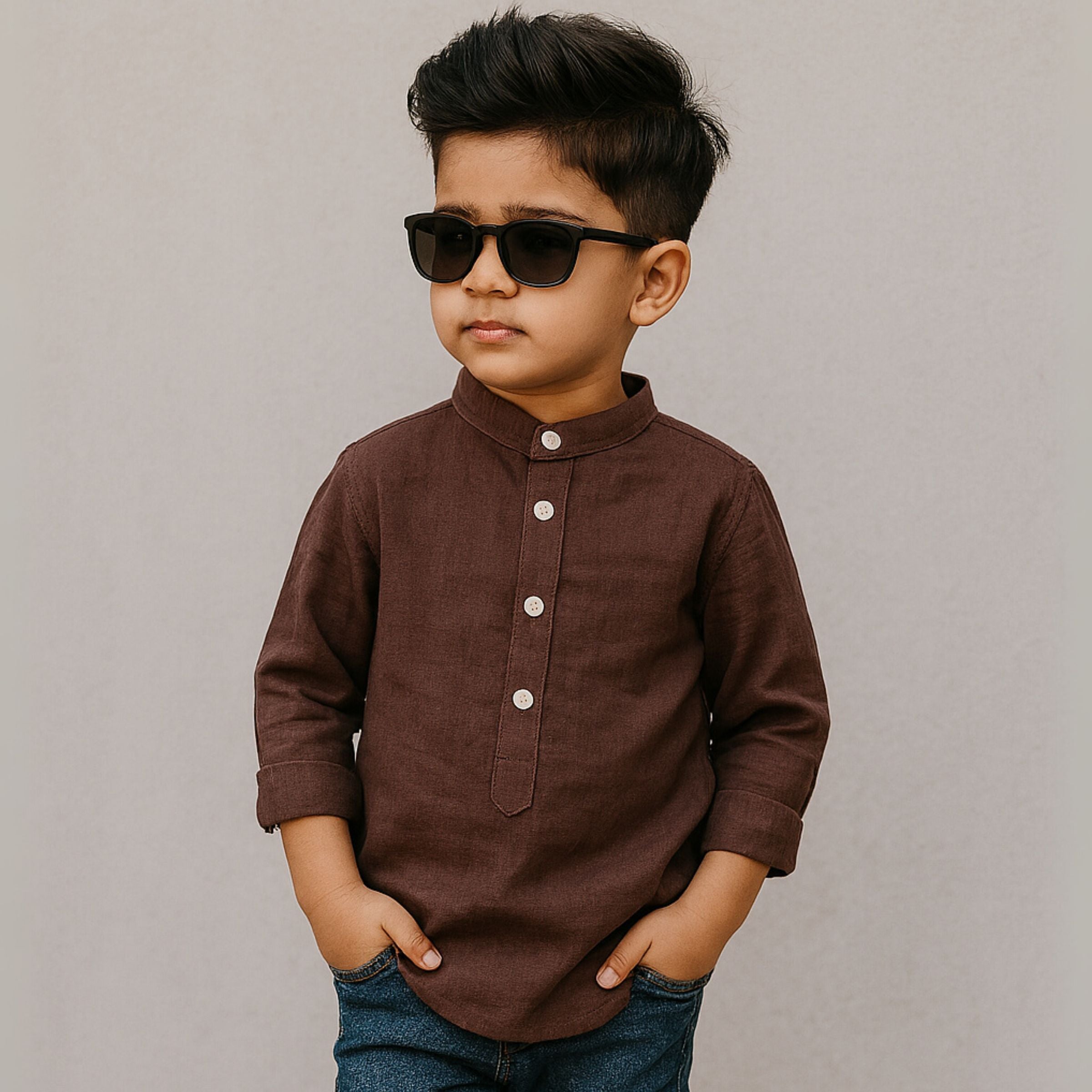 BLAZO premium cotton shirt for boys online. Full sleeve, Cadbury color, mandarin collar—perfect for festive, party, or casual wear. Ages 4–10 years.