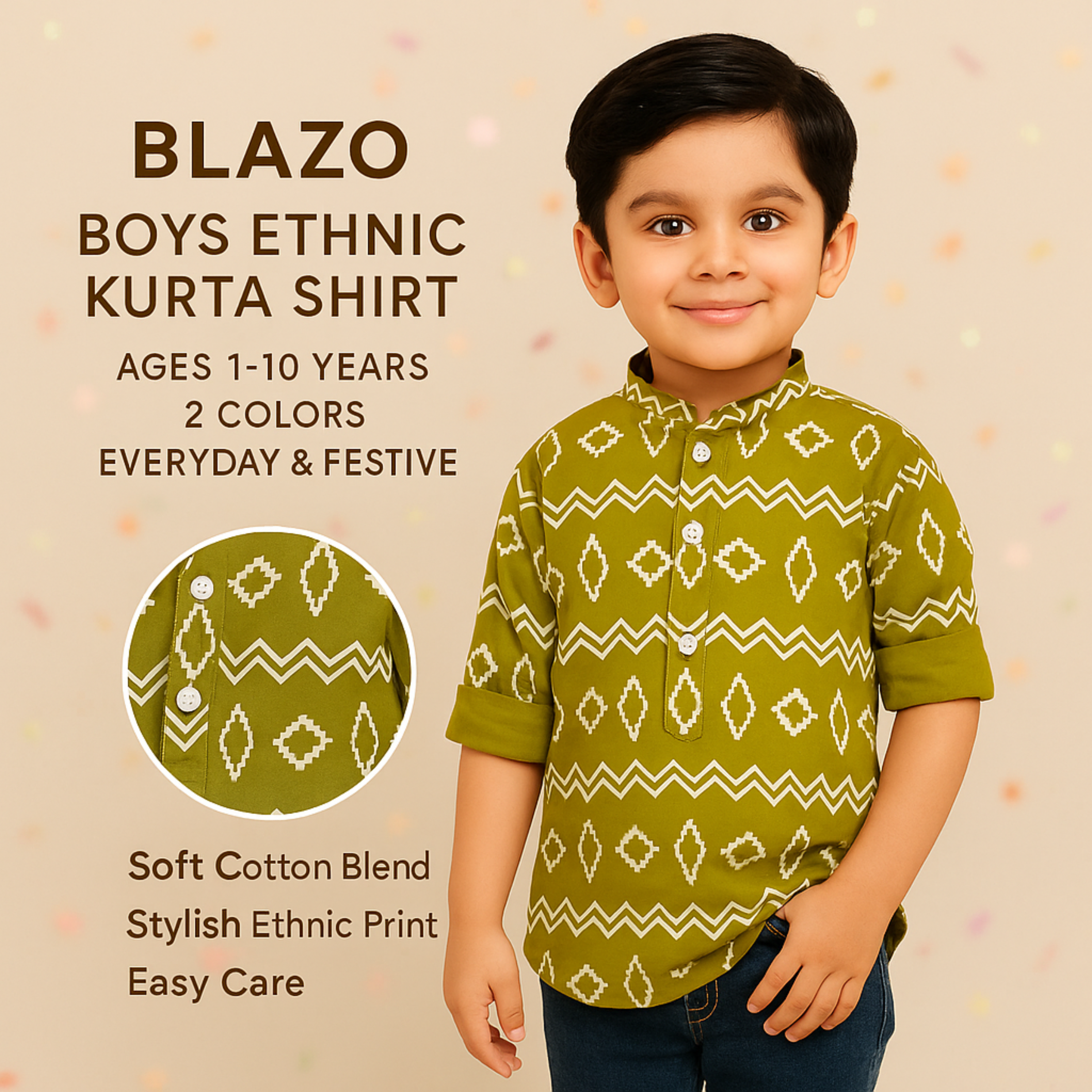 BLAZO Boys Ethnic Printed Kurta Shirt | Ages 1-10 Years | Casual & Festive Wear