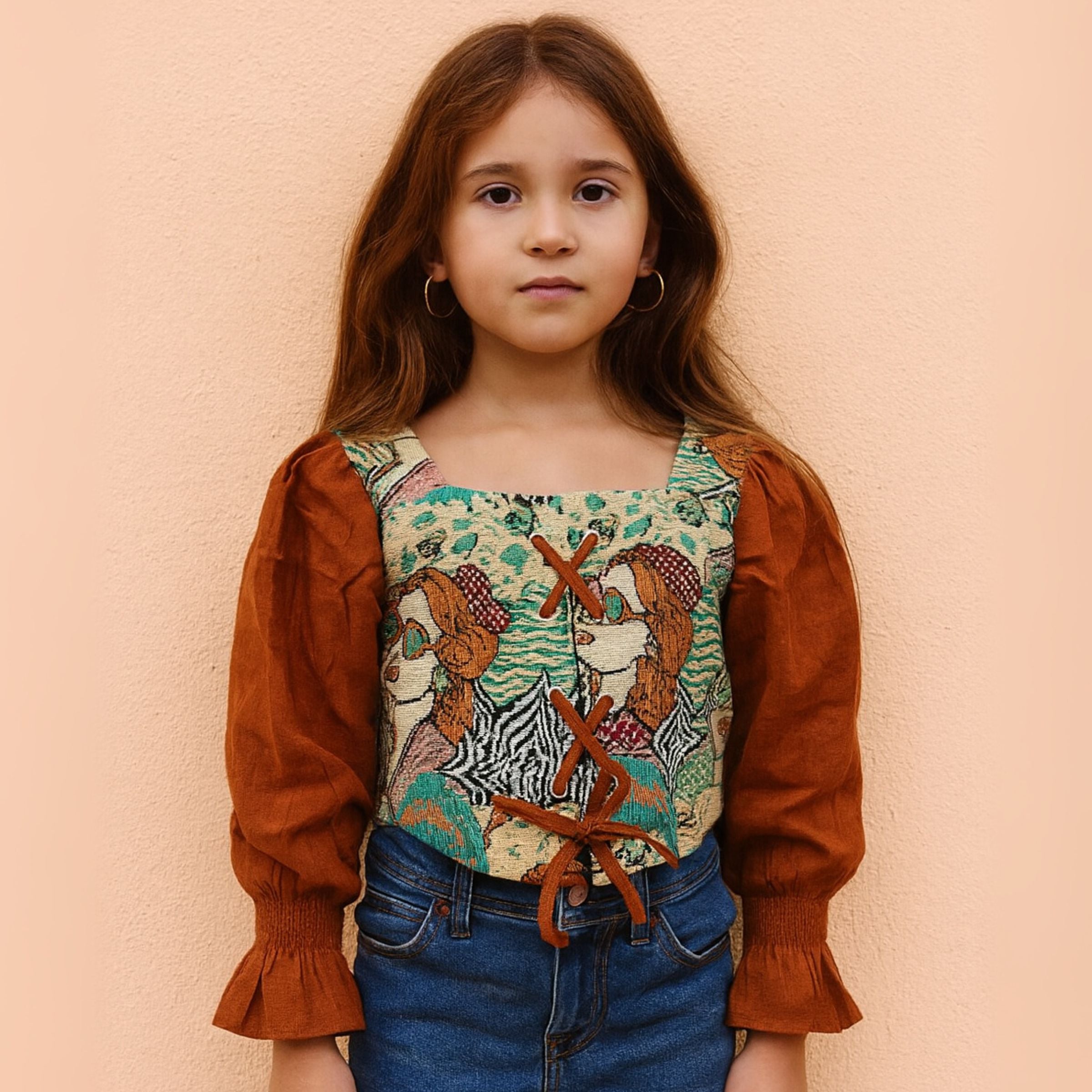 Smile Baby Girls’ Stylish Printed Top with Puff Sleeves – Fawn & Rust | Age 5–14 Years | Corest Top