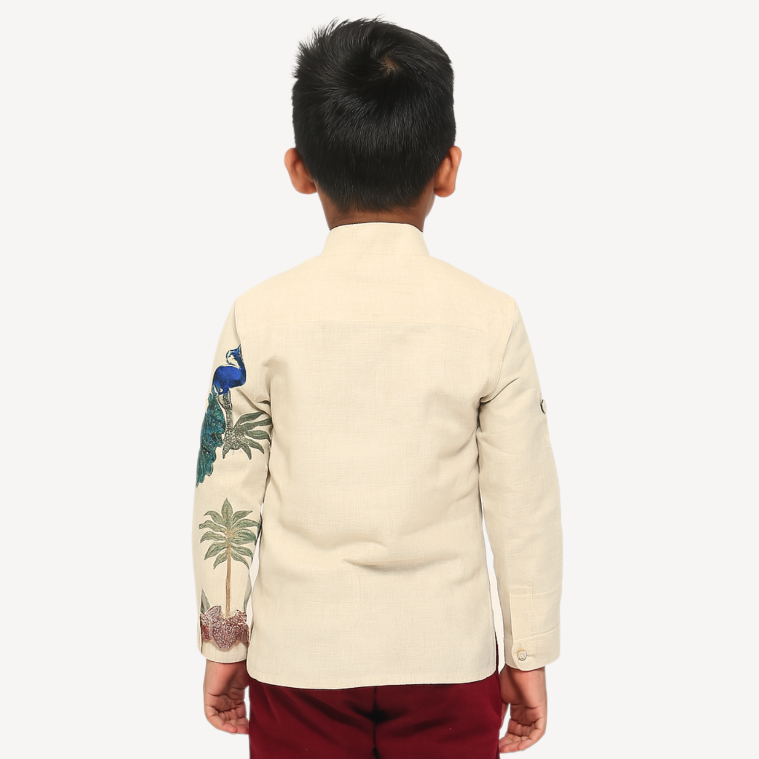BLAZO Boys Traditional Beige Kurta with Peacock & Fountain Print