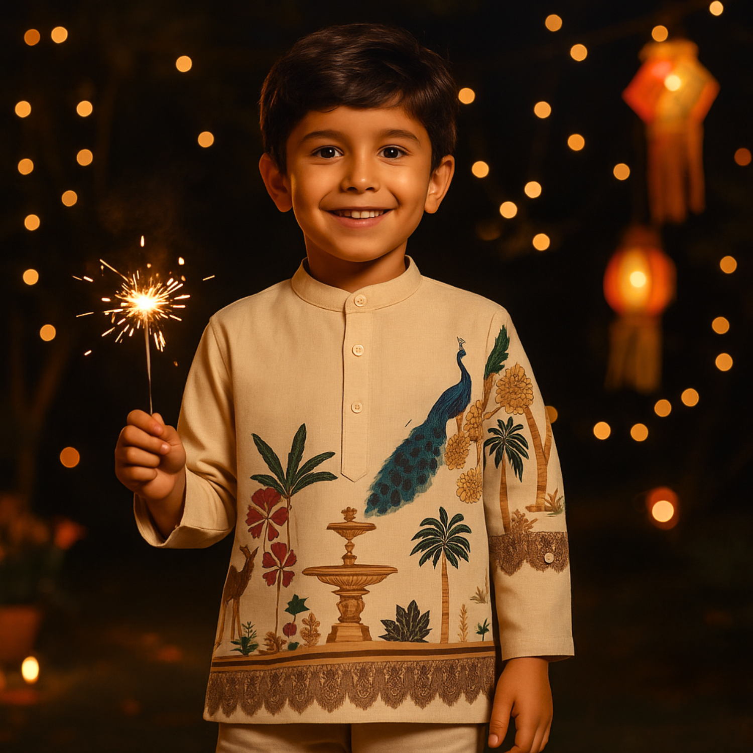 BLAZO Boys Traditional Beige Kurta with Peacock & Fountain Print