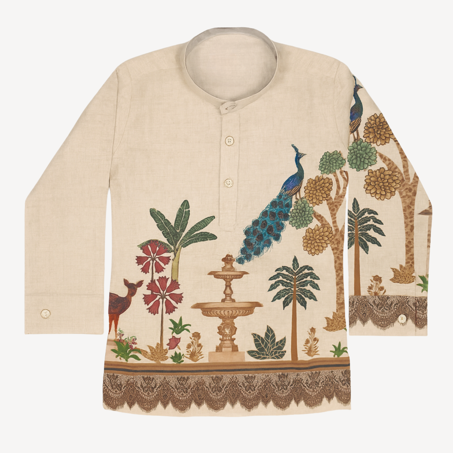 BLAZO Boys Traditional Beige Kurta with Peacock & Fountain Print