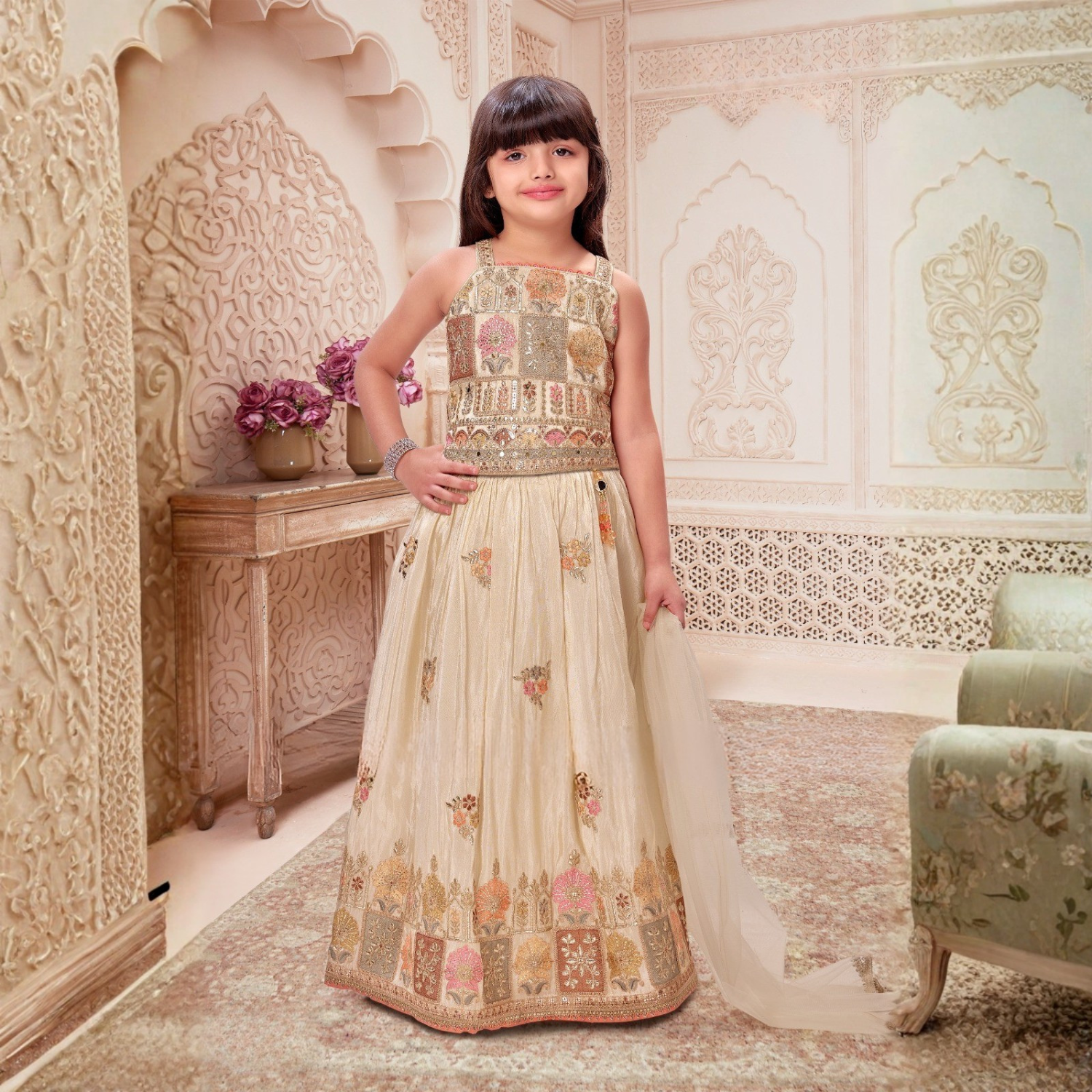 Fawn Embroidered Lehenga Choli Set for Girls – Festive & Party Wear