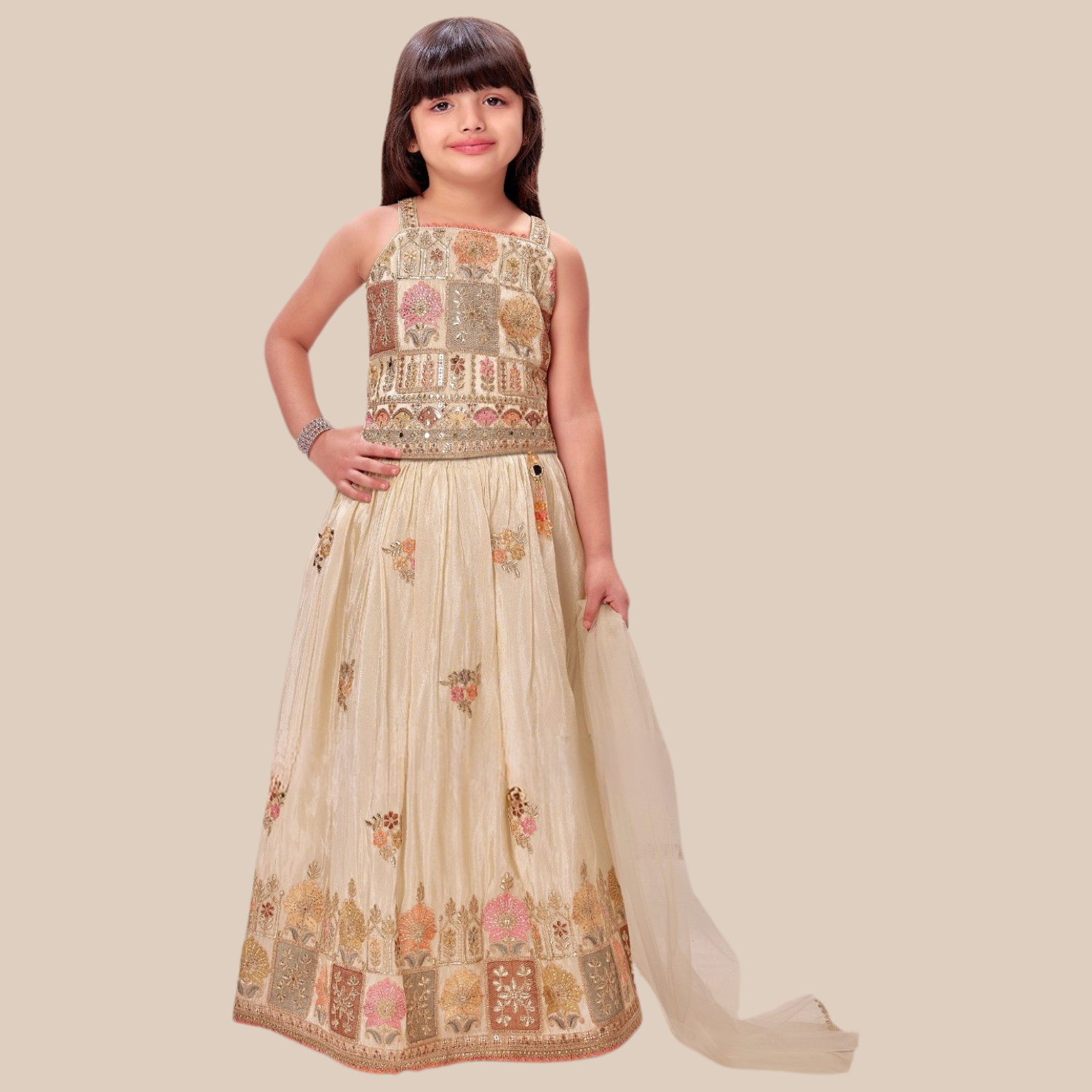 Fawn Embroidered Lehenga Choli Set for Girls – Festive & Party Wear