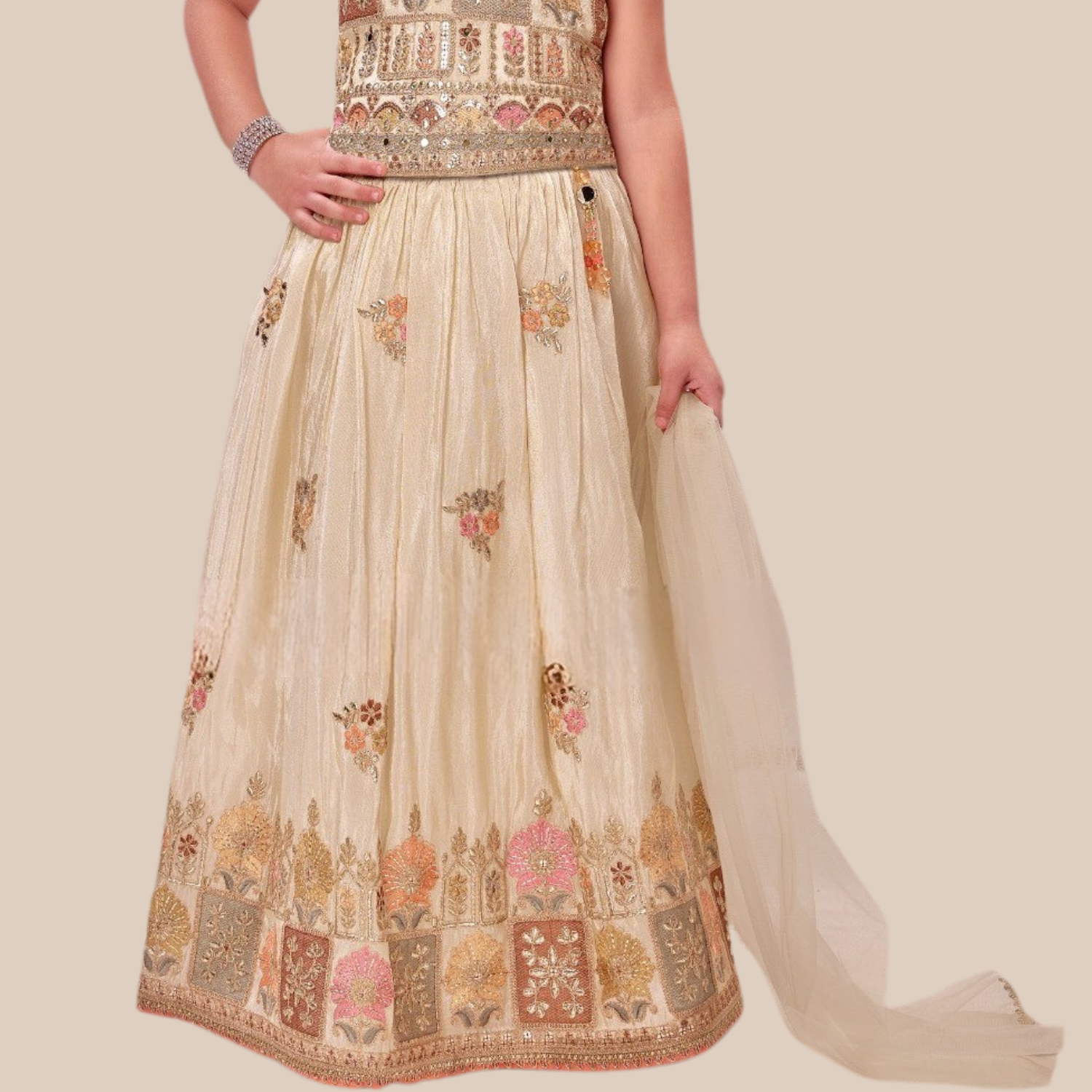 Fawn Embroidered Lehenga Choli Set for Girls – Festive & Party Wear