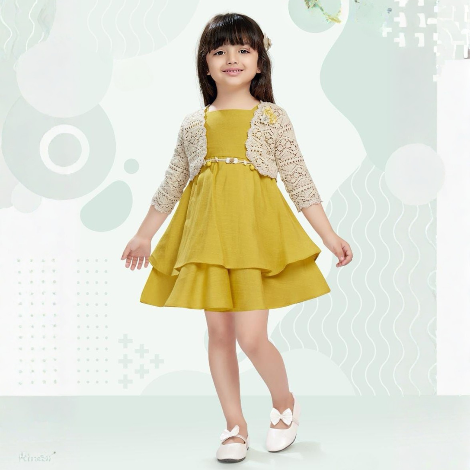 SMILE BABY Girls Layered Party Dress with Crochet Shrug – Rust, Olive Green & Mustard