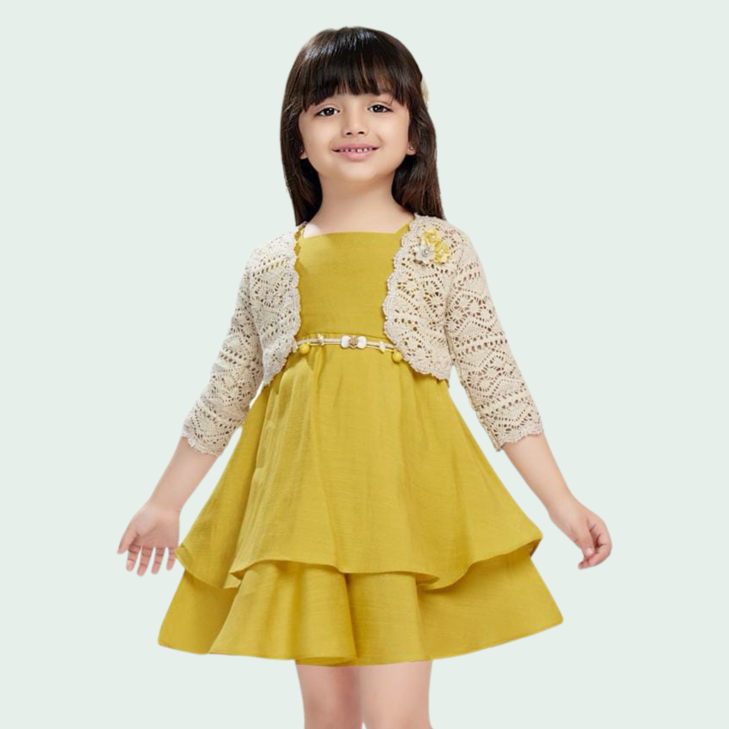 SMILE BABY Girls Layered Party Dress with Crochet Shrug – Rust, Olive Green & Mustard