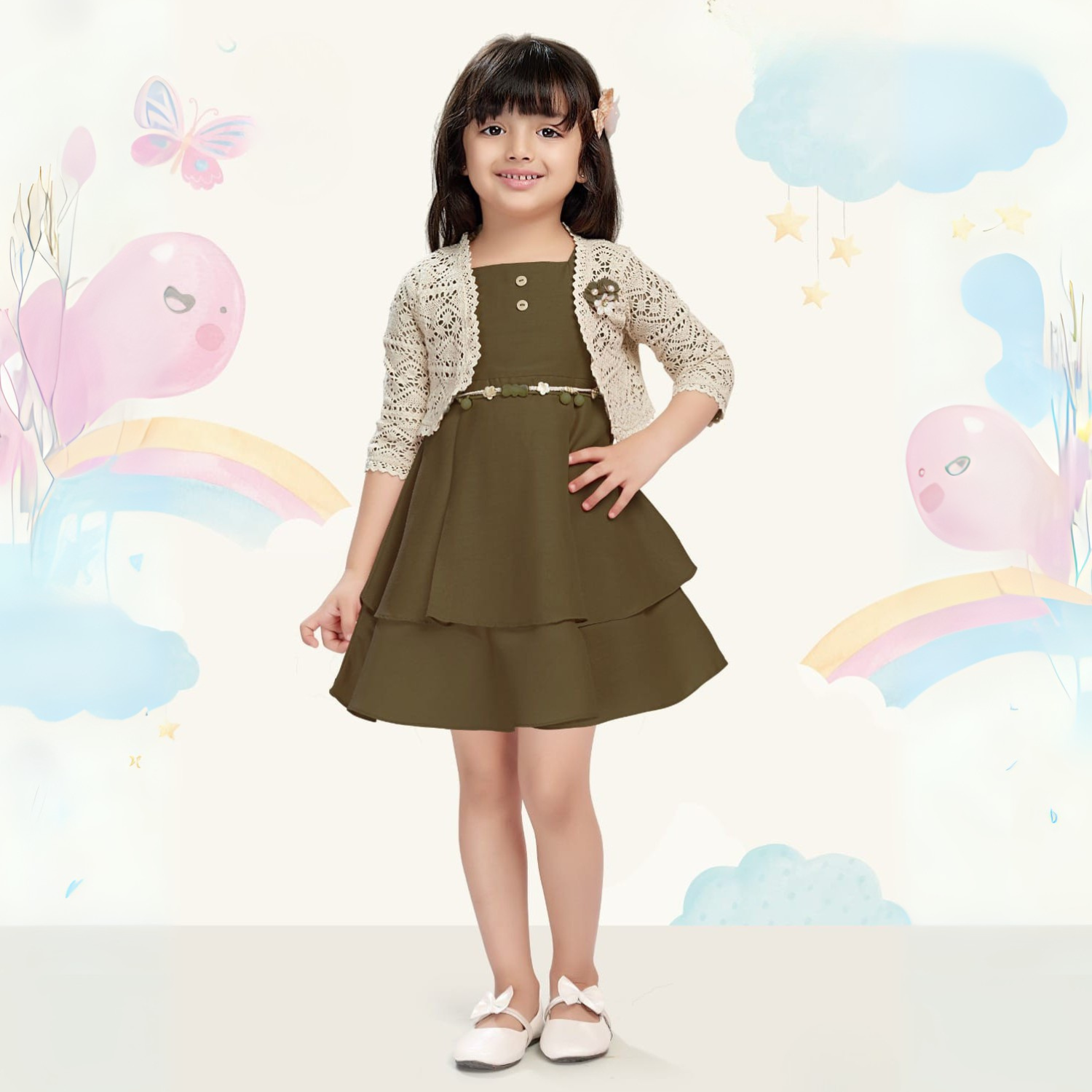 SMILE BABY Girls Layered Party Dress with Crochet Shrug – Rust, Olive Green & Mustard