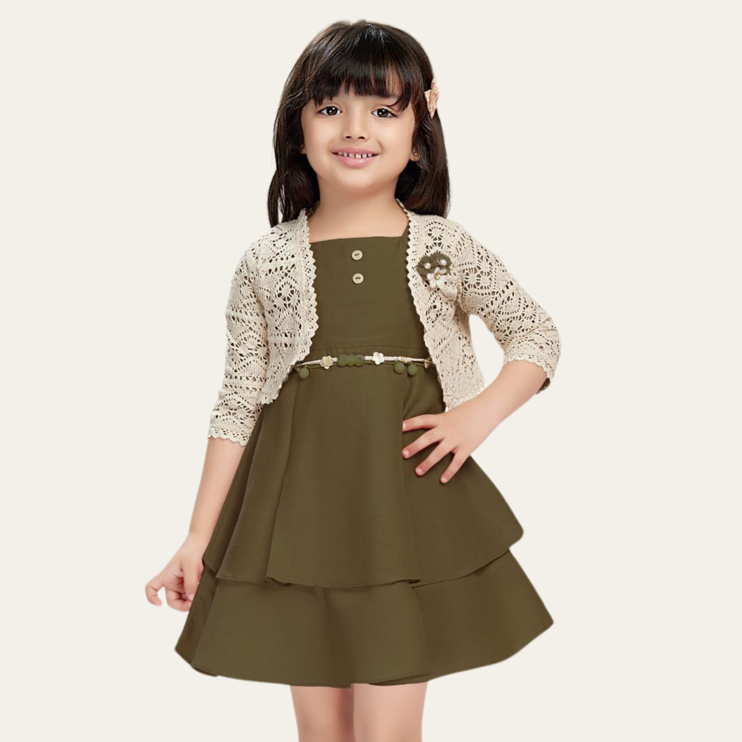 SMILE BABY Girls Layered Party Dress with Crochet Shrug – Rust, Olive Green & Mustard