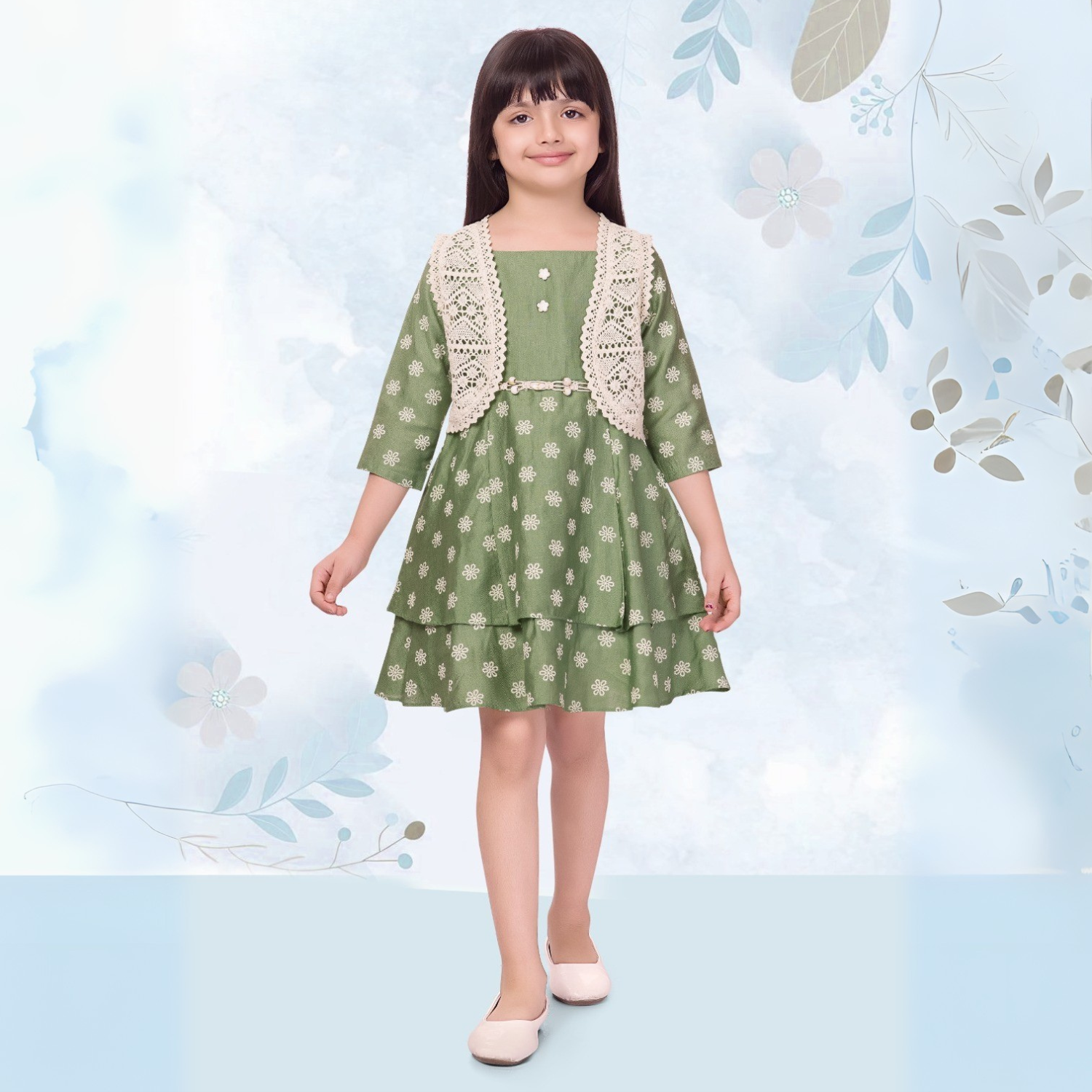 SMILE BABY Girls Green Floral Layered Dress with Crochet Shrug