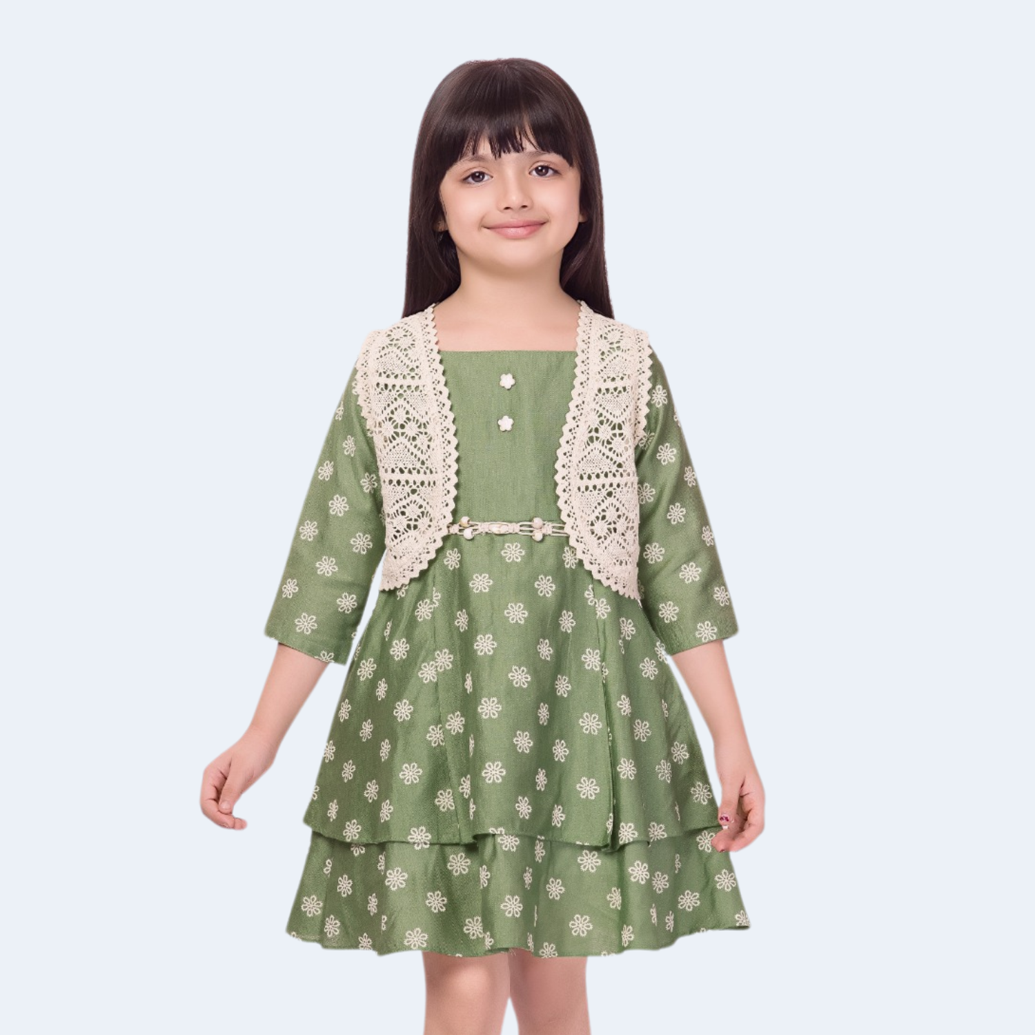 SMILE BABY Girls Green Floral Layered Dress with Crochet Shrug