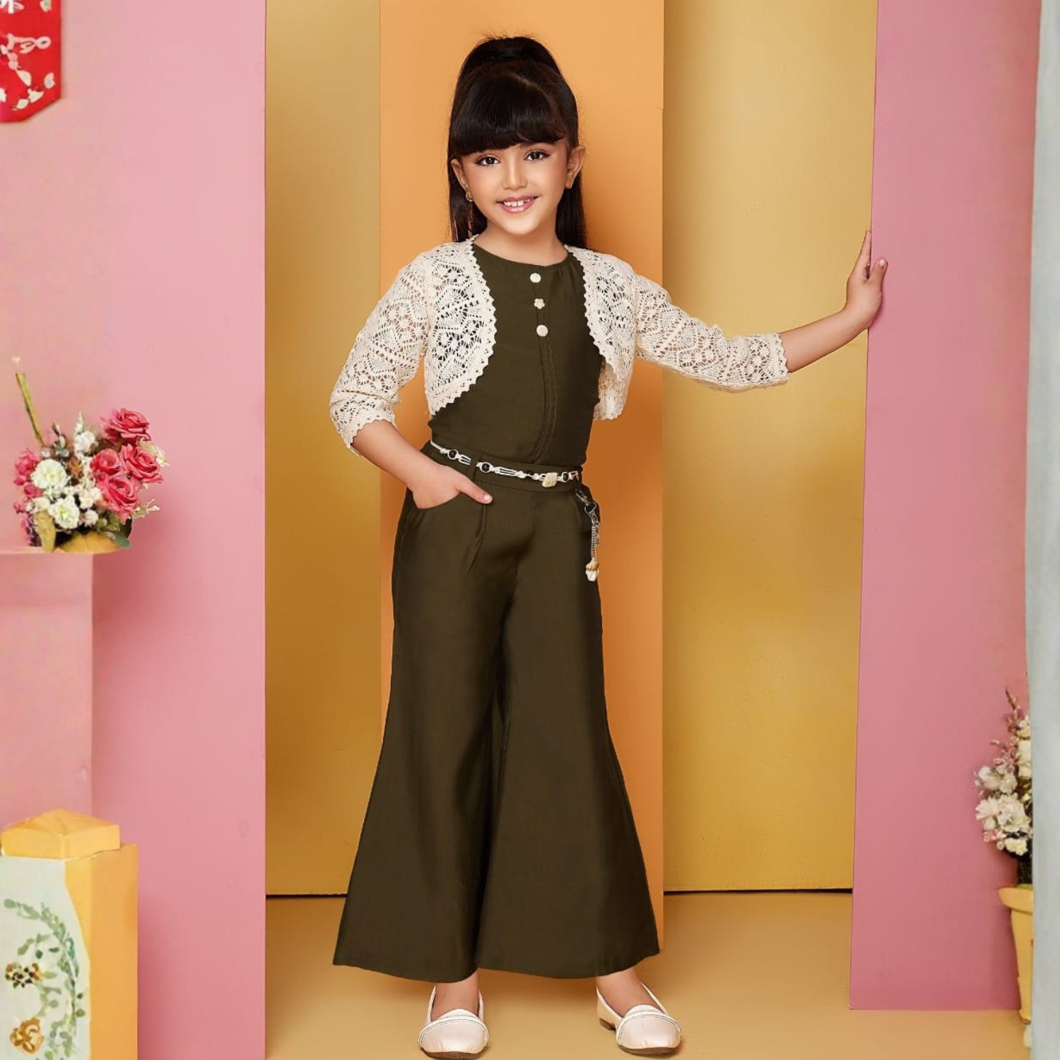 SMILE BABY Girls Olive Green Co-Ord Set with Crochet Shrug & Belt