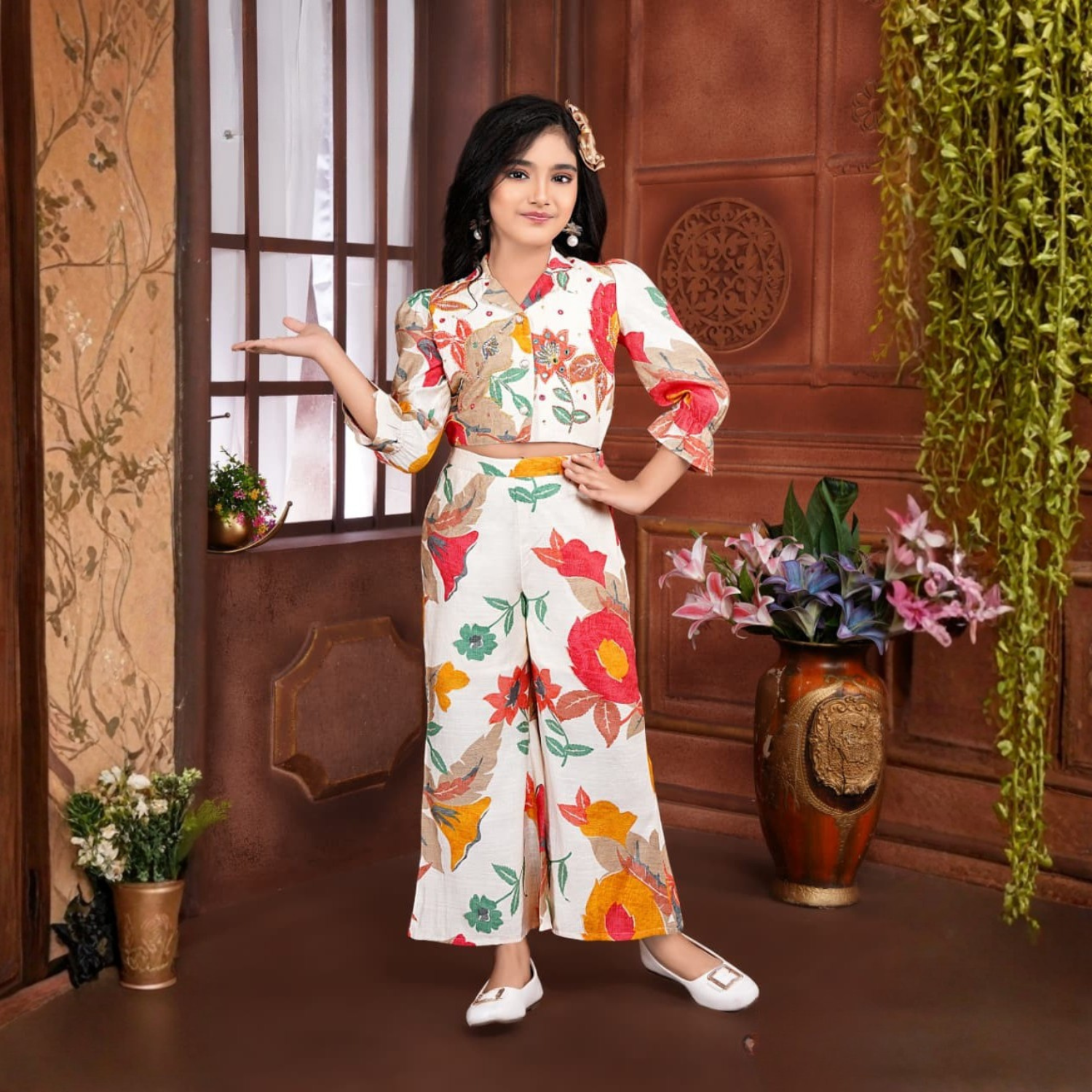 Smile Baby Girls Floral Co-Ord Set – Stylish Orange & Multicolor Printed Shirt & Wide-Leg Pant Set | Soft Cotton Fabric Outfit for Kids (1–12 Years)