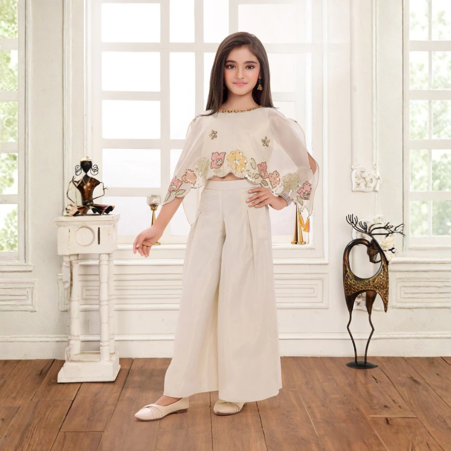 Smile Baby Girls 2-Piece Cream Co-Ord Set – Embroidered Cape Top & Wide-Leg Pants Outfit