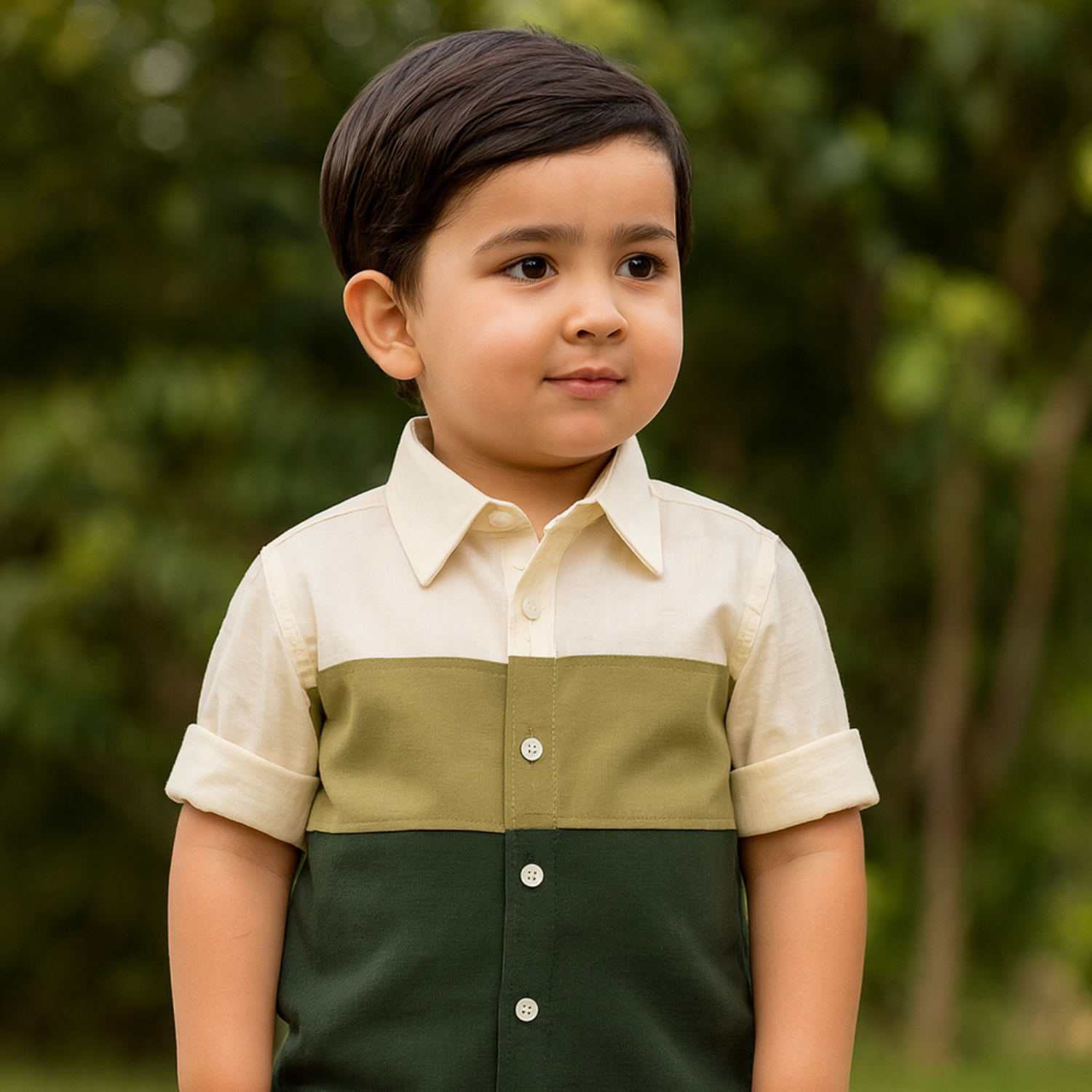 Blazo Boys’ Full Sleeve Linen Colorblock Shirt for Kids | Premium Soft Linen Blend Casual Wear | Cream, Olive & Green (1–12 Years)
