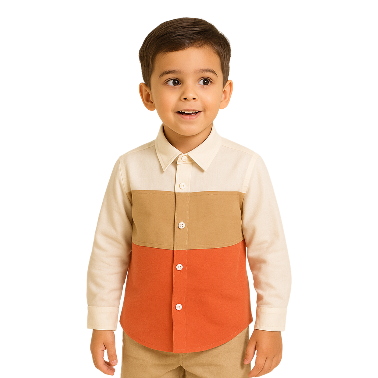 Blazo Boys’ Full Sleeve Colorblock Shirt for Kids | Soft Cotton Casual Wear for 1–12 Years | Cream, Tan & Rust Combo