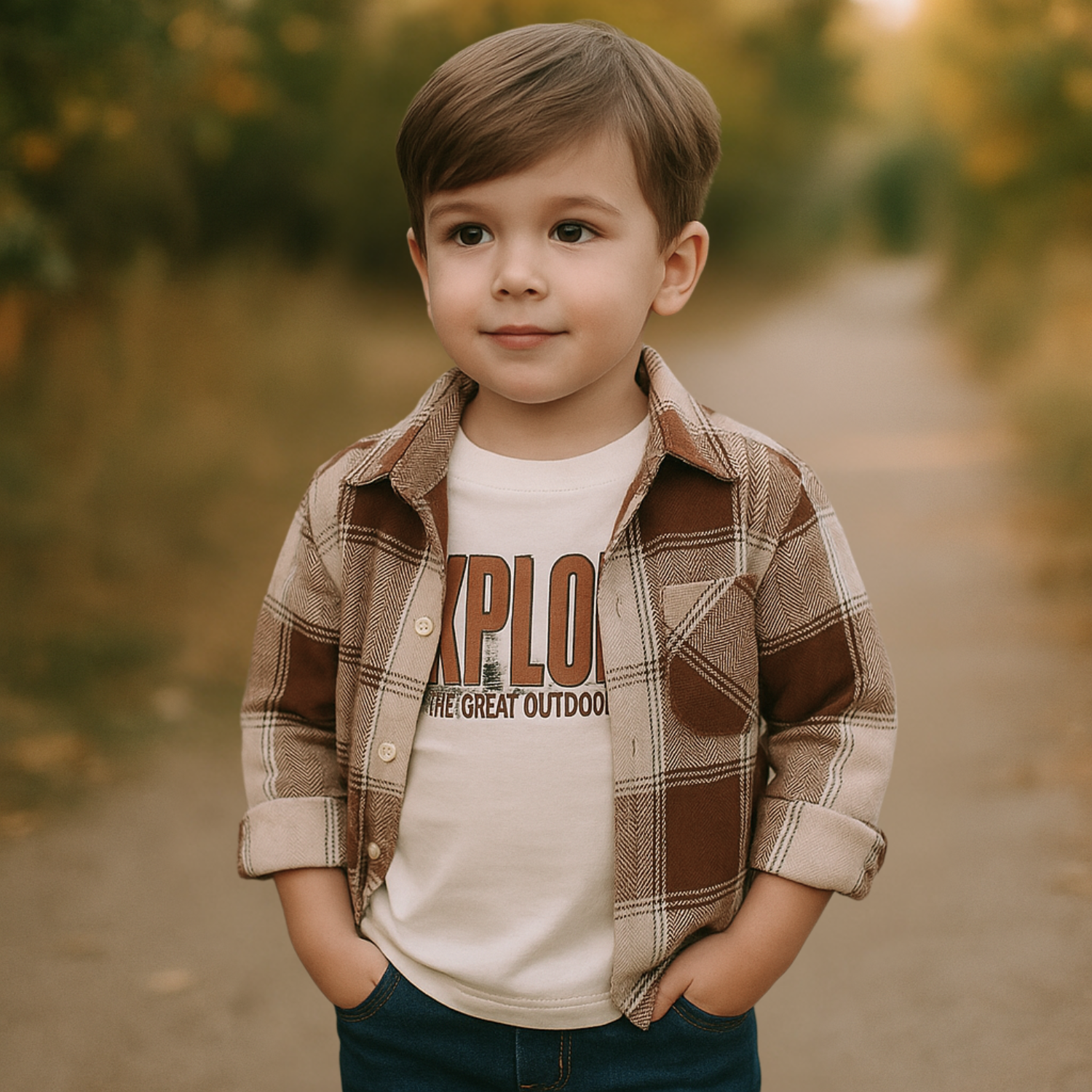 Blazo Boys’ Brown Check Shacket with Inner Printed T-shirt | 2-Piece Casual Jacket Set for Boys (4–10 Years)