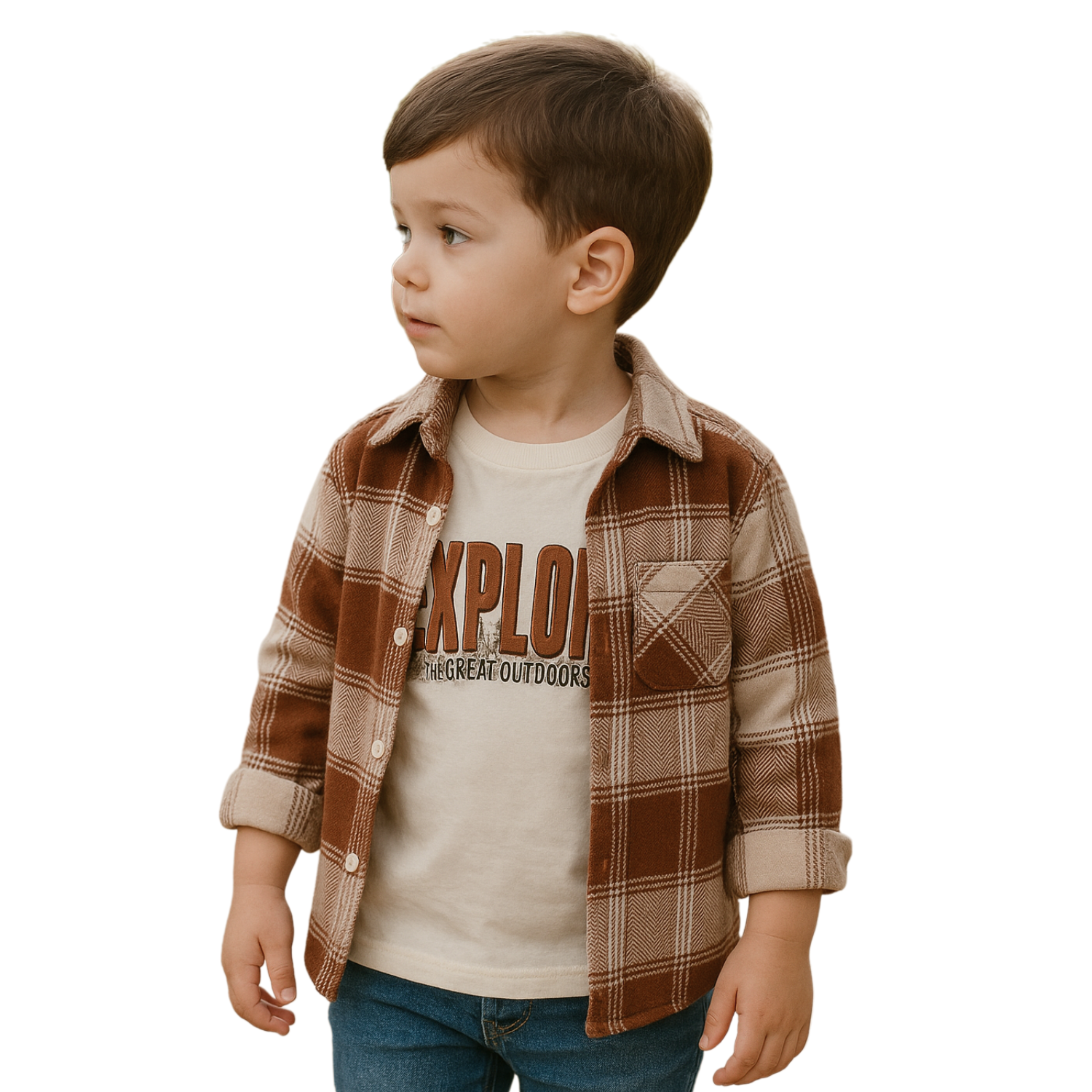 Blazo Boys’ Brown Check Shacket with Inner Printed T-shirt | 2-Piece Casual Jacket Set for Boys (4–10 Years)