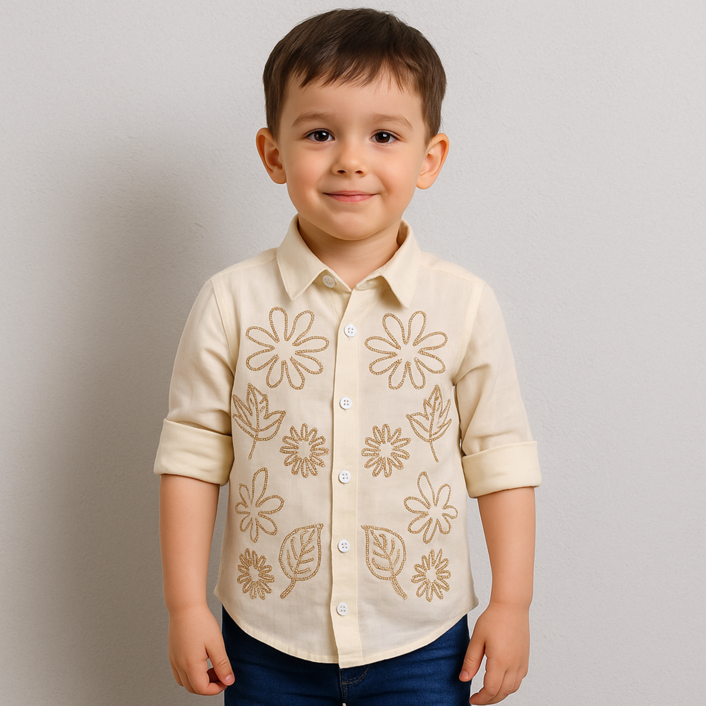 Blazo Boys’ Cream Embroidered Full Sleeve Shirt | Ages 1–12 Years