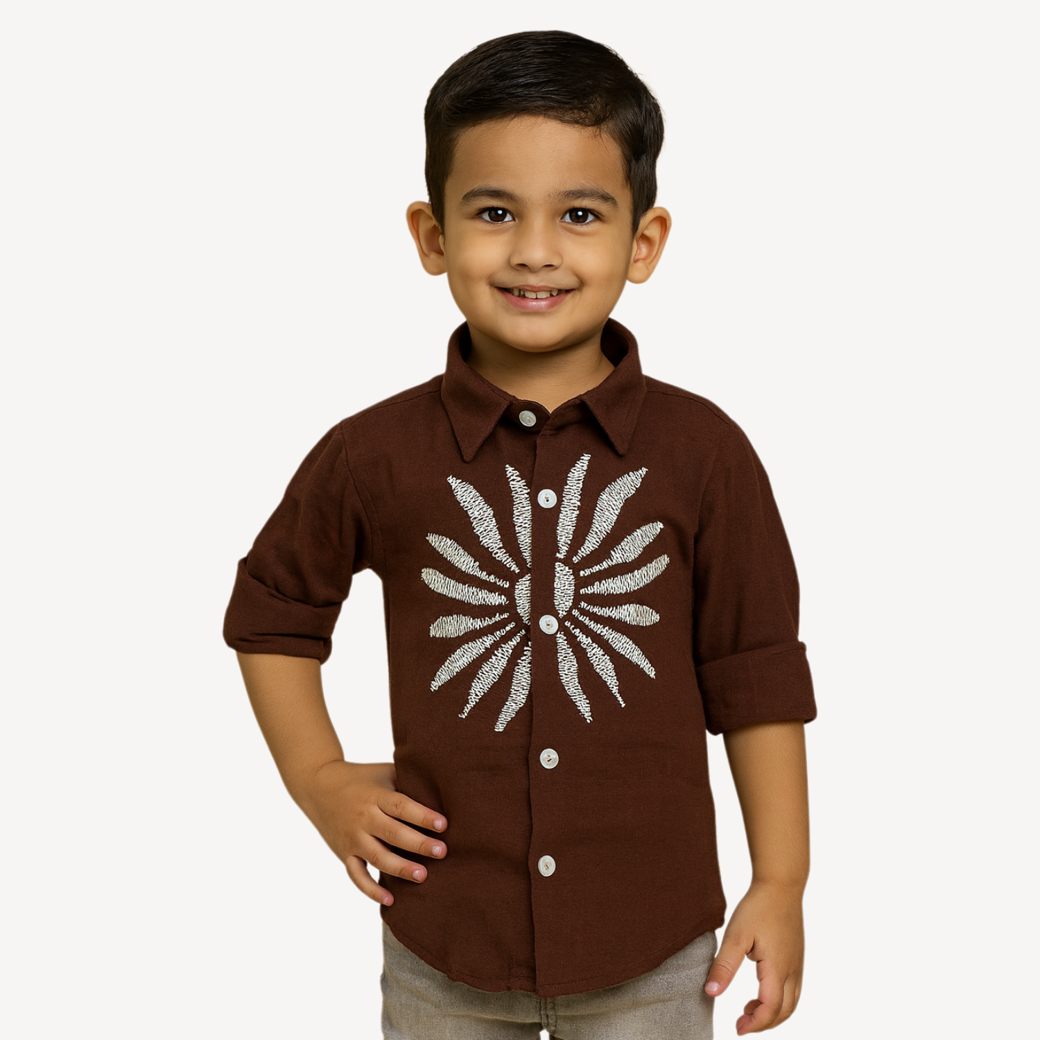 BLAZO Boys Stylish Brown Shirt with White Embroidered Design