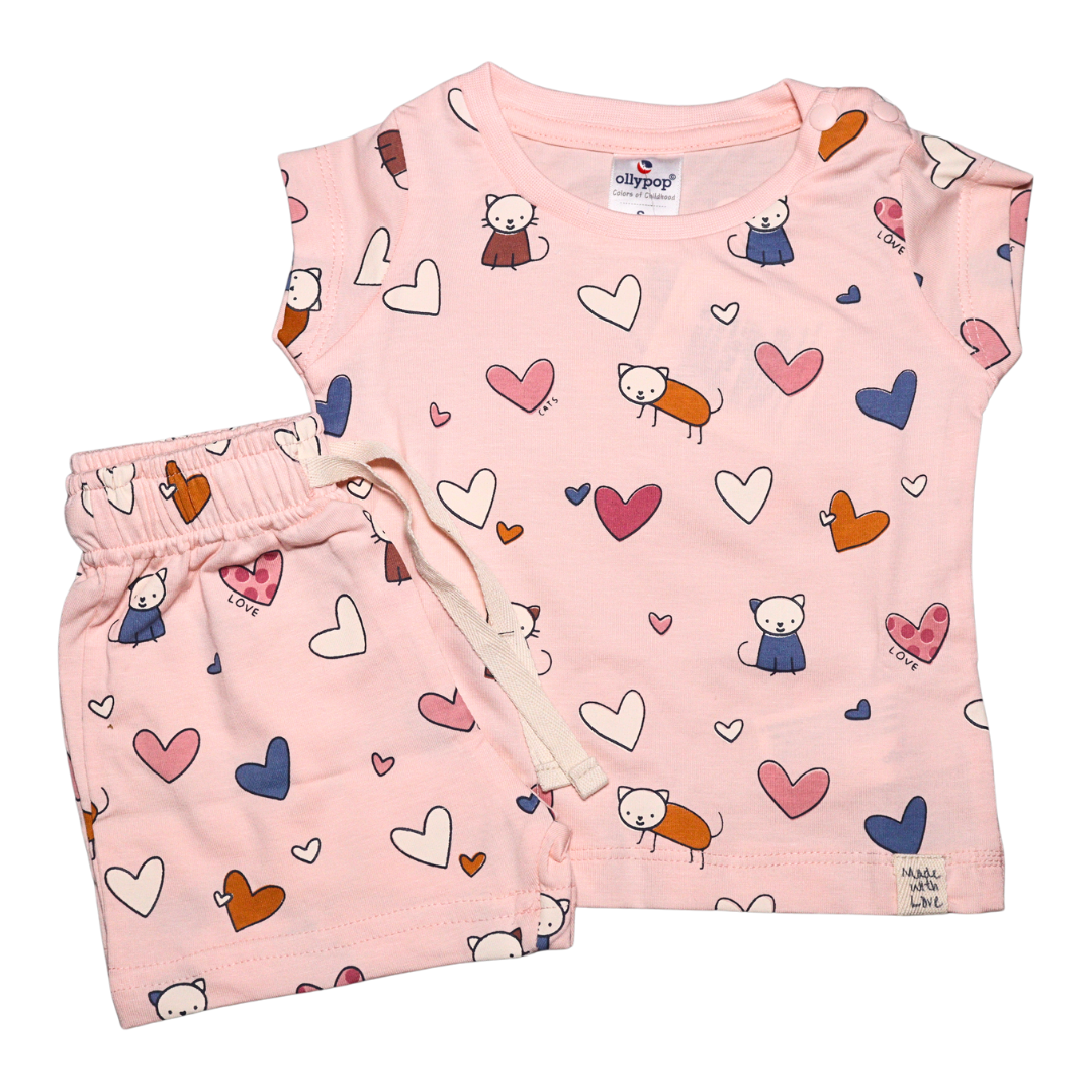 ollypop Sinker Knit Half Sleeves ,Round Neck with heart printed T-Shirt & Shorts Set in blue and pink and blue color