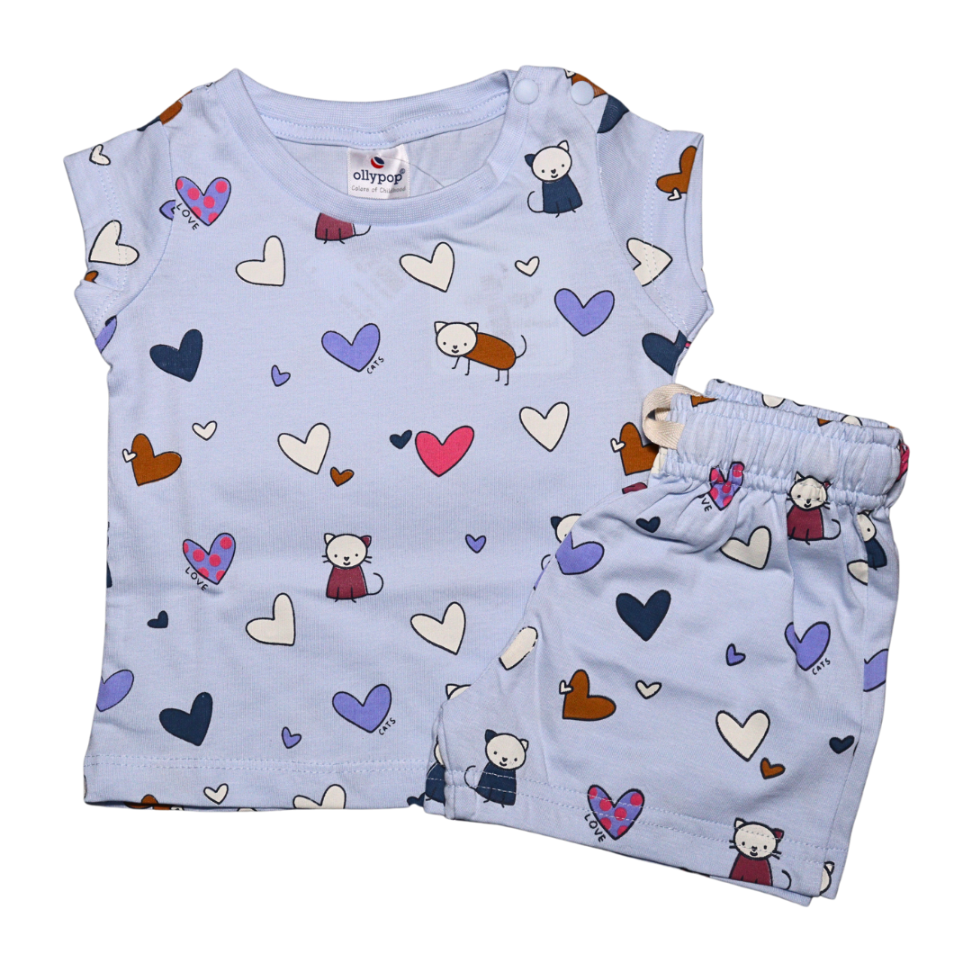 ollypop Sinker Knit Half Sleeves ,Round Neck with heart printed T-Shirt & Shorts Set in blue and pink and blue color