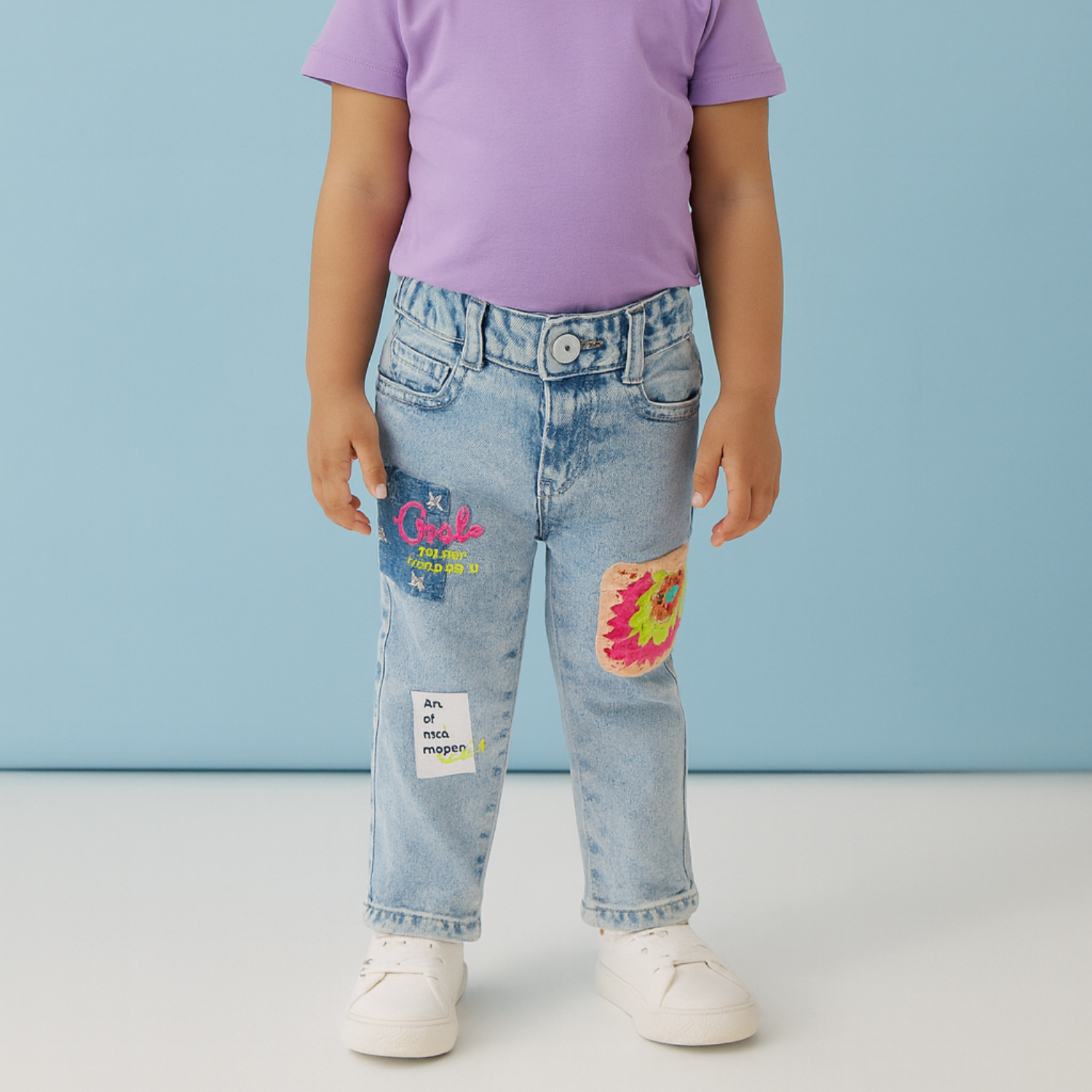 LOVEKINS Girls’ Patch Denim Jeans – Trendy Embroidered & Crochet Design (1-5 Years)