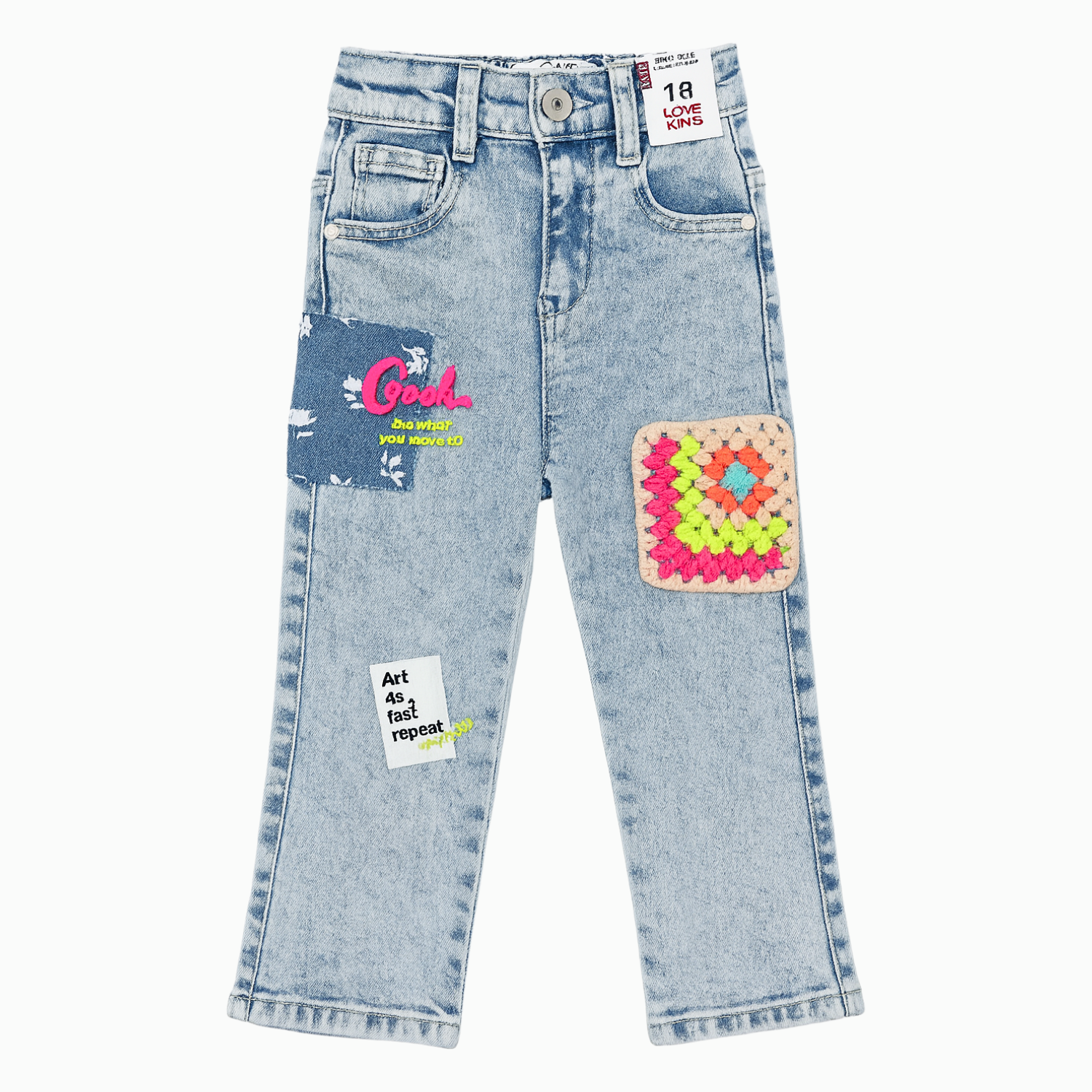 LOVEKINS Girls’ Patch Denim Jeans – Trendy Embroidered & Crochet Design (1-5 Years)