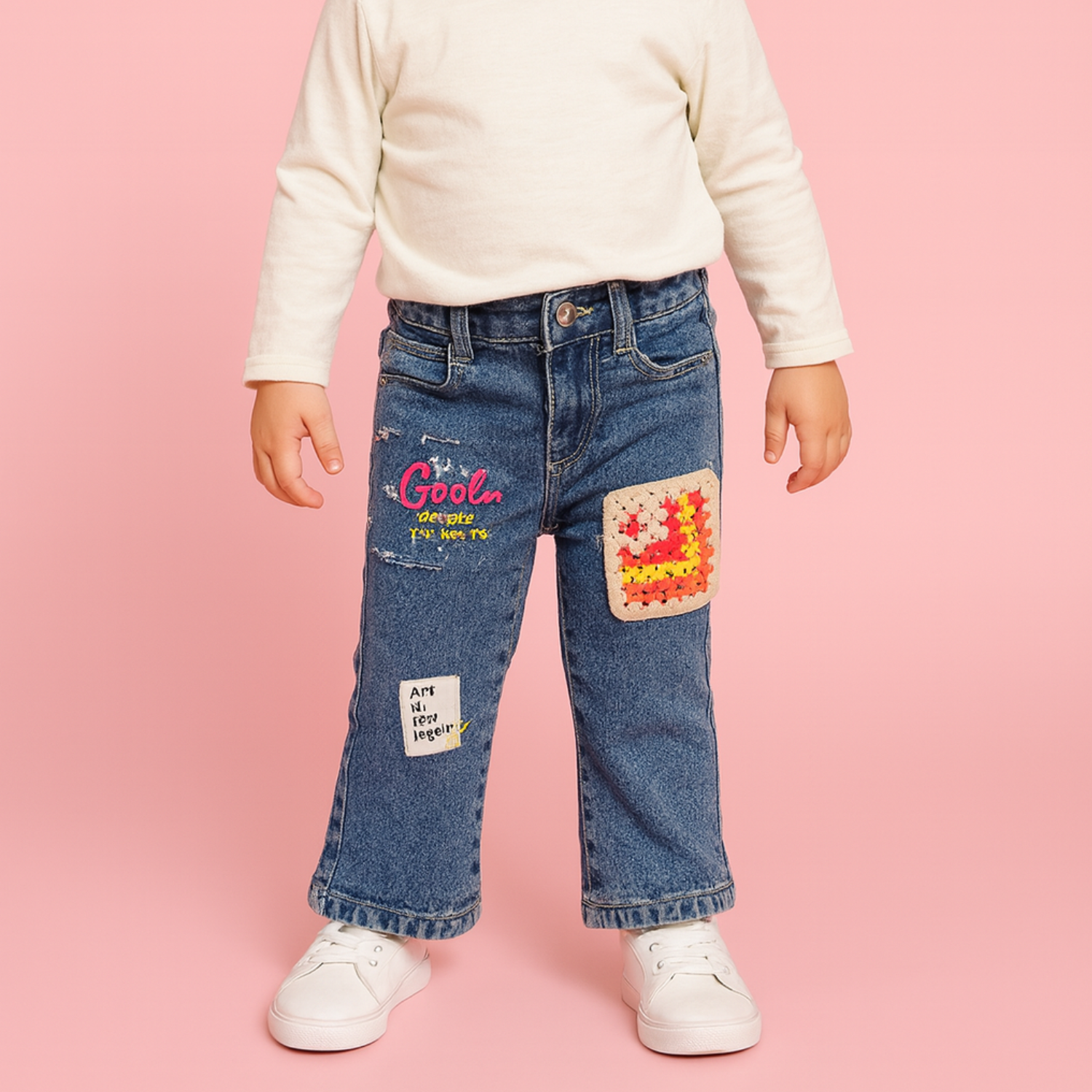 LOVEKINS Girls’ Patch Denim Jeans – Trendy Embroidered & Crochet Design (1-5 Years)