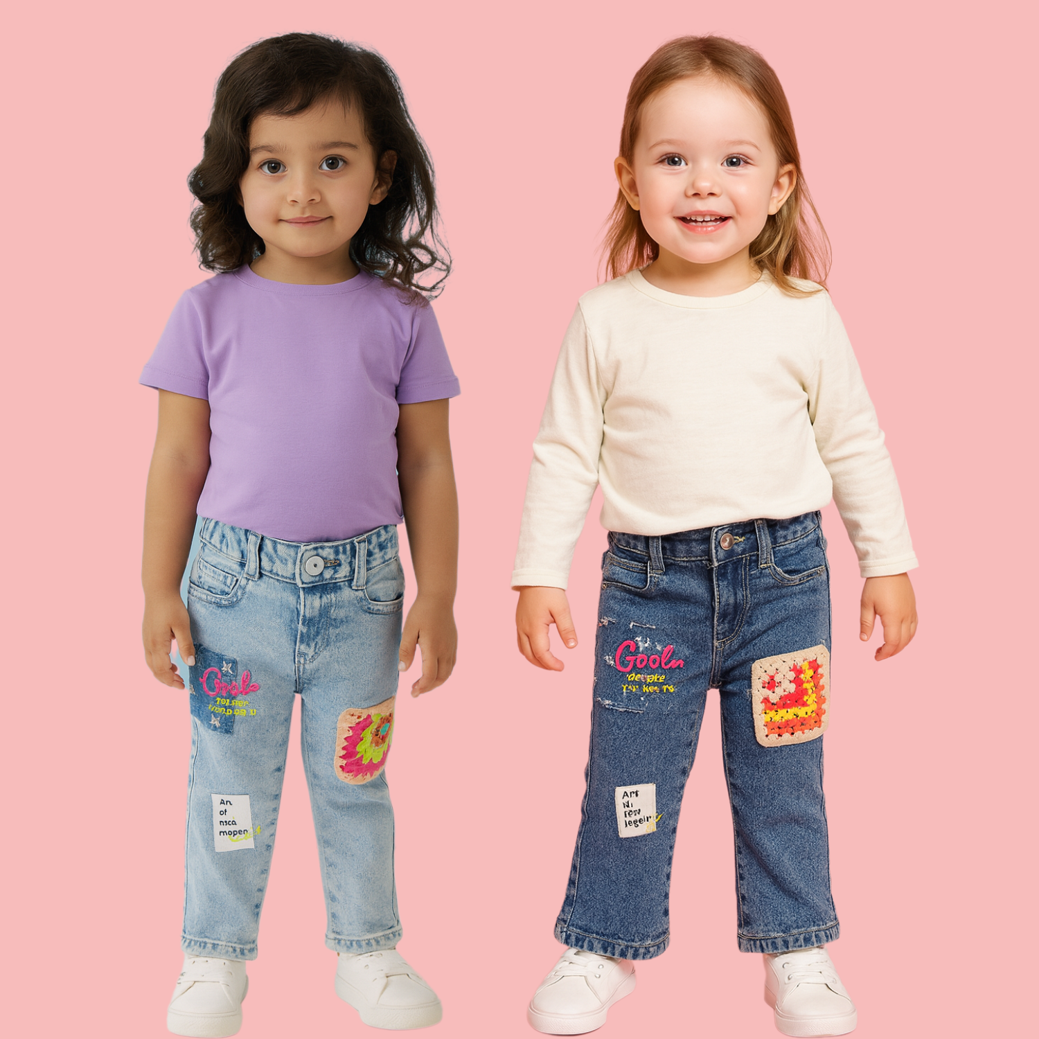 LOVEKINS Girls’ Patch Denim Jeans – Trendy Embroidered & Crochet Design (1-5 Years)