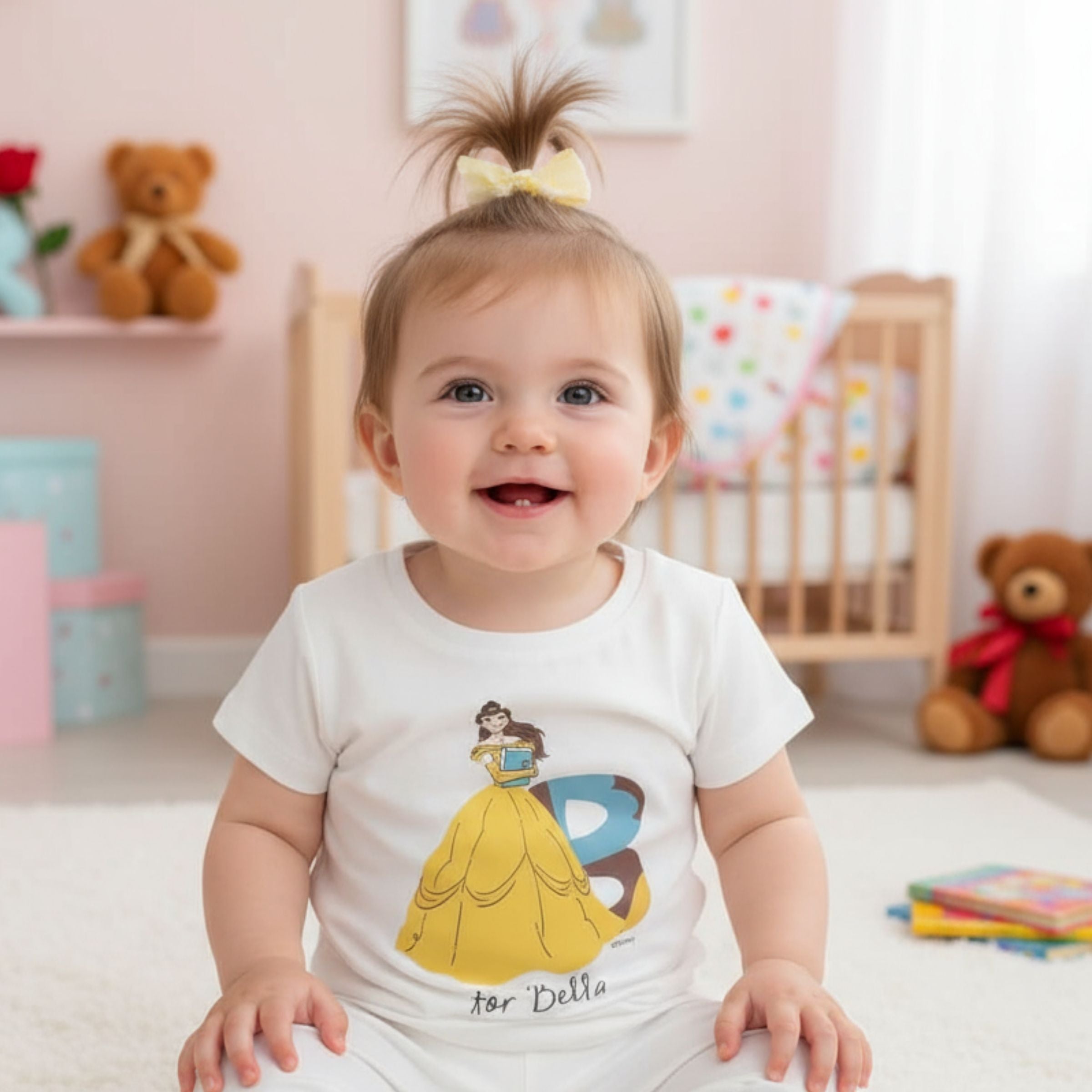 Ollypop Baby Girl Disney Princess “Belle” Printed Cotton T-Shirt | Soft Short Sleeve Top | Age 12 Months to 3 Years