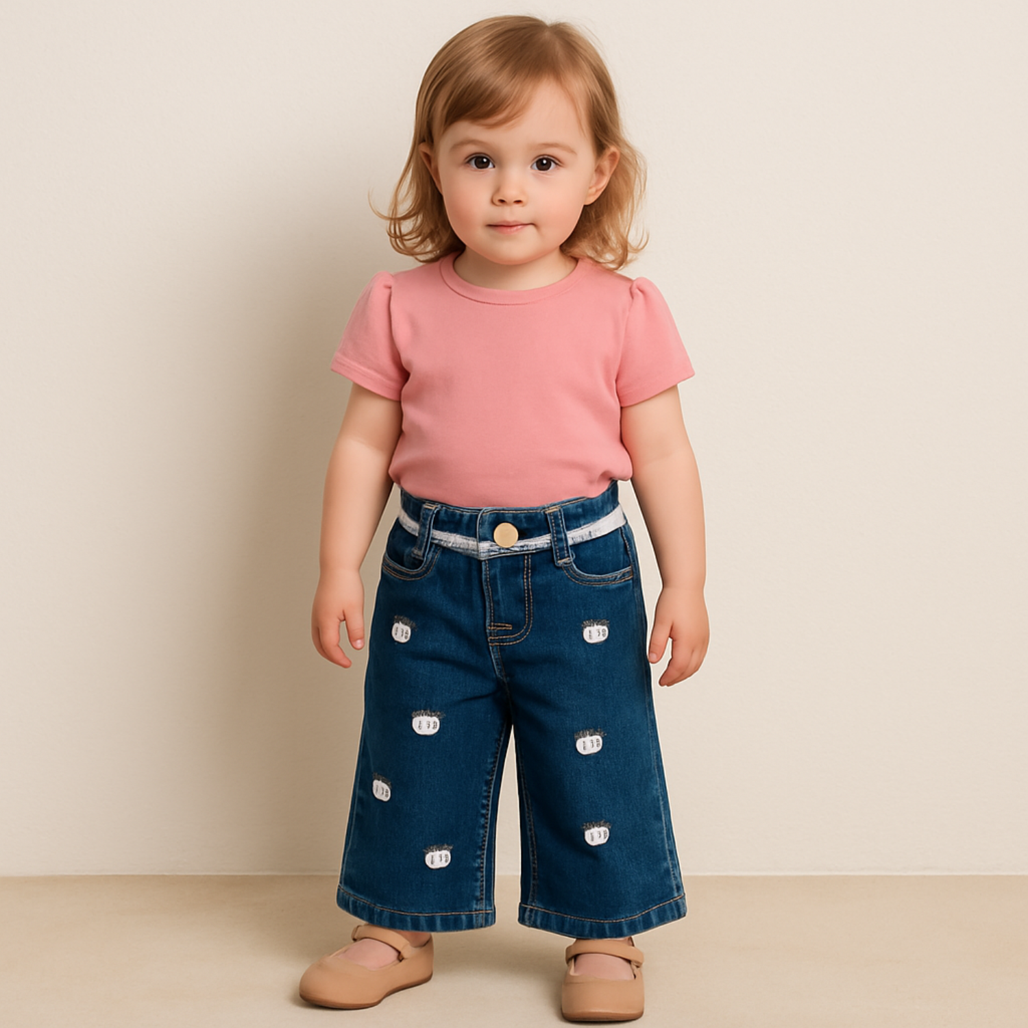 Smile Baby Girls Blue Denim Jeans with Cute Kitty Print & Lace Waistband (1–5 Years)