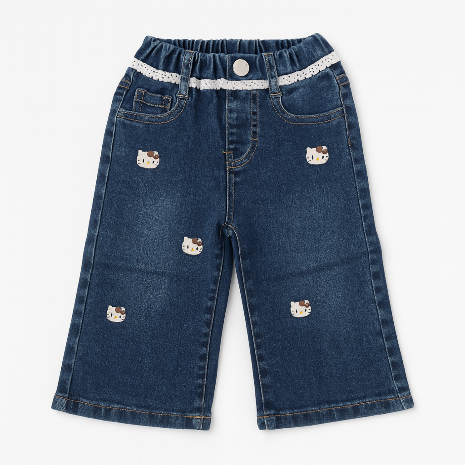 Smile Baby Girls Blue Denim Jeans with Cute Kitty Print & Lace Waistband (1–5 Years)