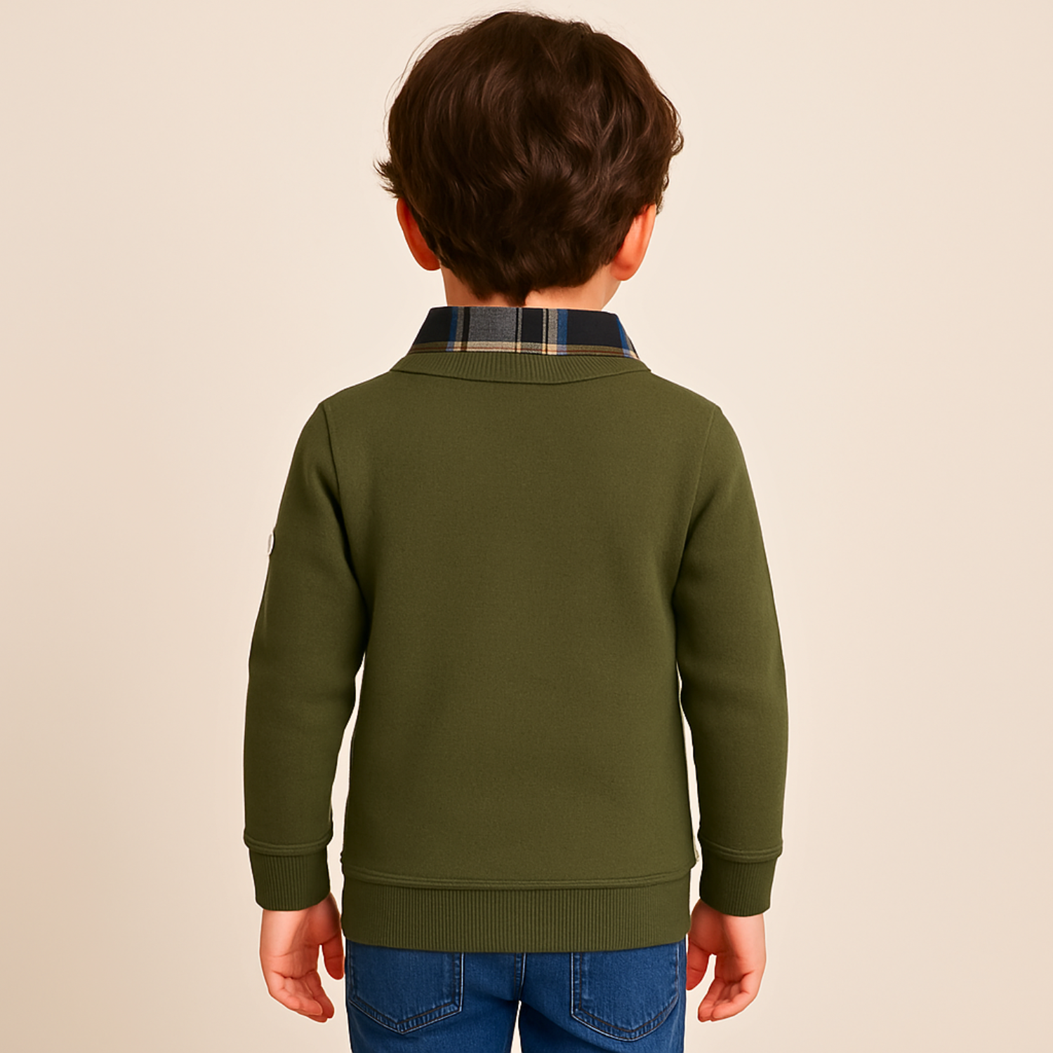 GUSTO Boys Olive Full-Sleeve T-Shirt with Plaid Collar | Premium Winter Layered Top for Kids Age 2–12 Years