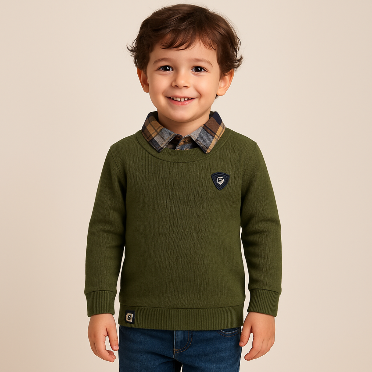 GUSTO Boys Olive Full-Sleeve T-Shirt with Plaid Collar | Premium Winter Layered Top for Kids Age 2–12 Years