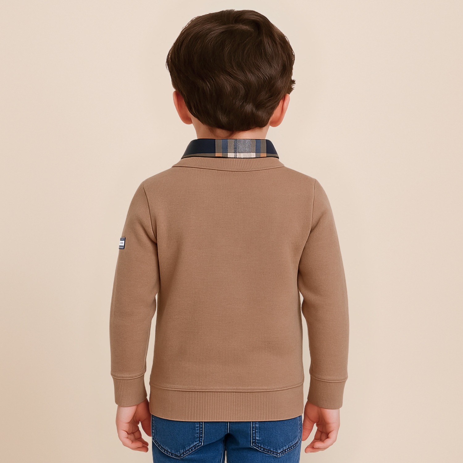 GUSTO Boys Khaki Full-Sleeve T-Shirt with Plaid Collar | Premium Winter Layered Top for Kids Age 3–12 Years