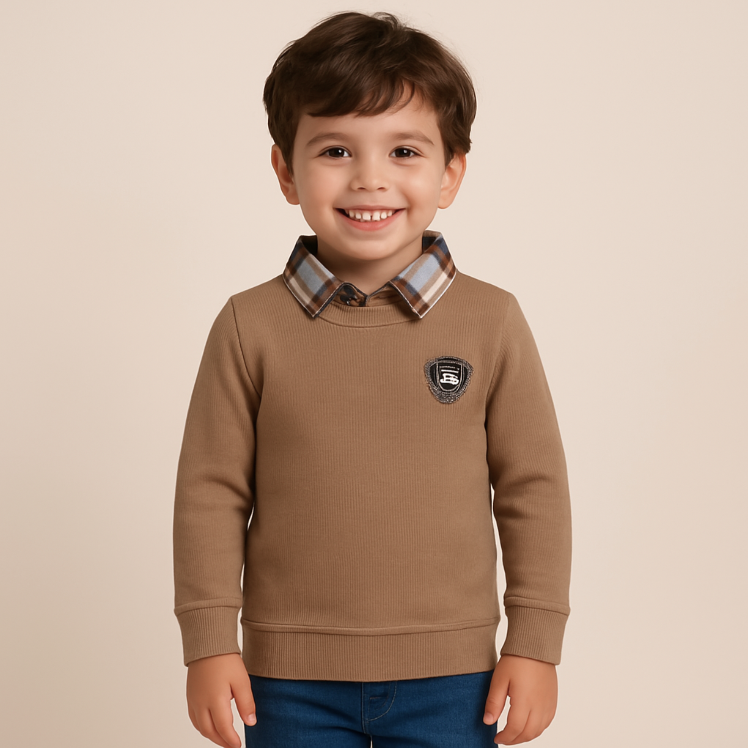 GUSTO Boys Khaki Full-Sleeve T-Shirt with Plaid Collar | Premium Winter Layered Top for Kids Age 3–12 Years