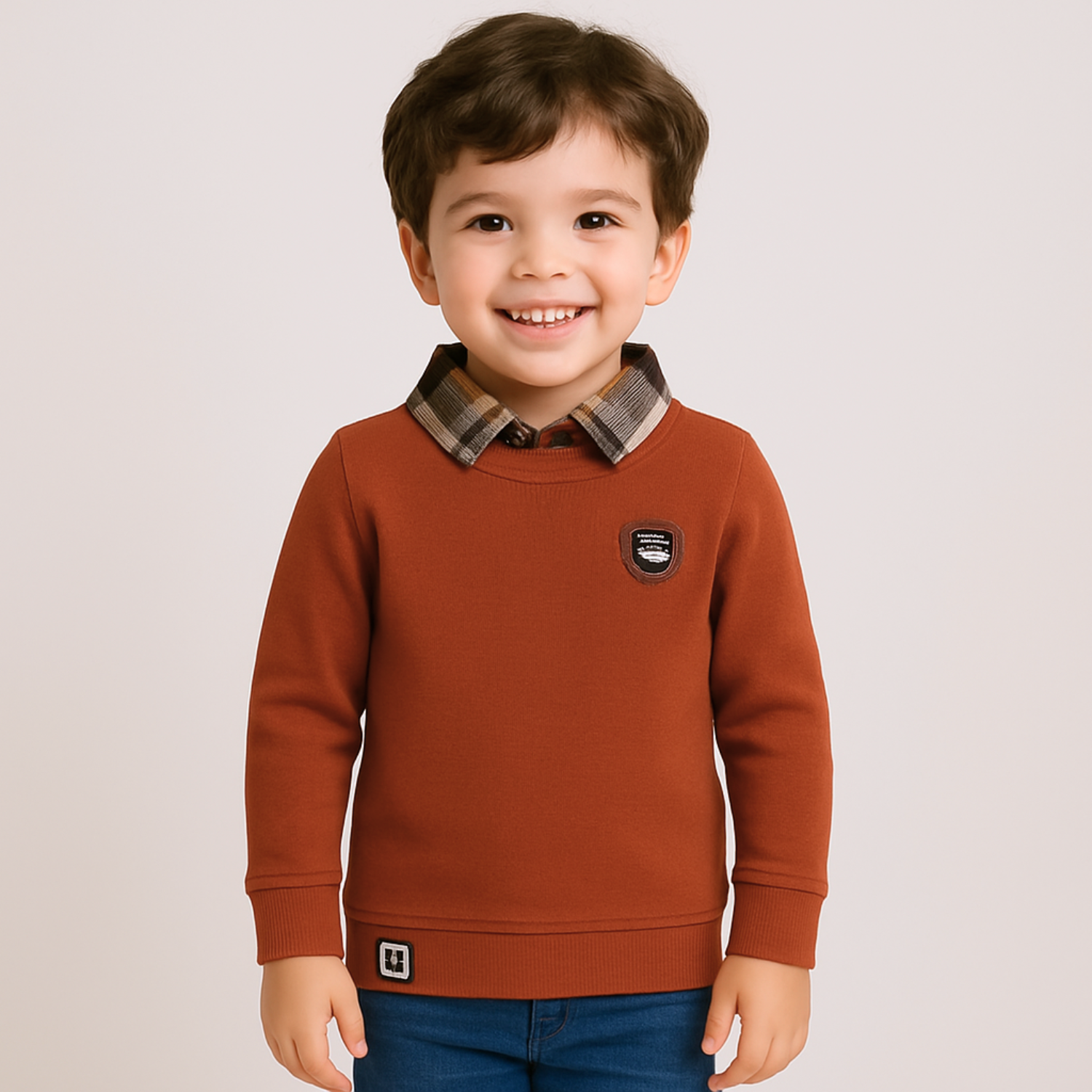 GUSTO Boys Rust Full-Sleeve T-Shirt with Plaid Collar | Stylish Winter Layered Knit Top for Kids Age 2–12 Years