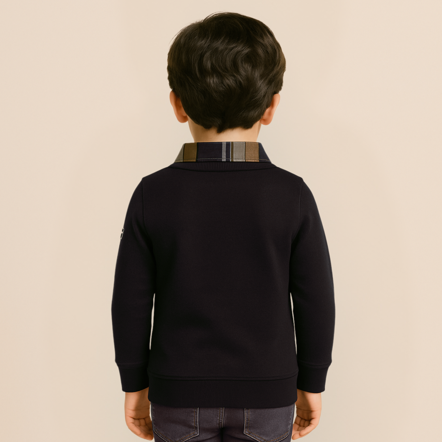 GUSTO Boys Black Full-Sleeve T-Shirt with Plaid Collar | Premium Winter Layered Top for Kids Age 5–12 Years