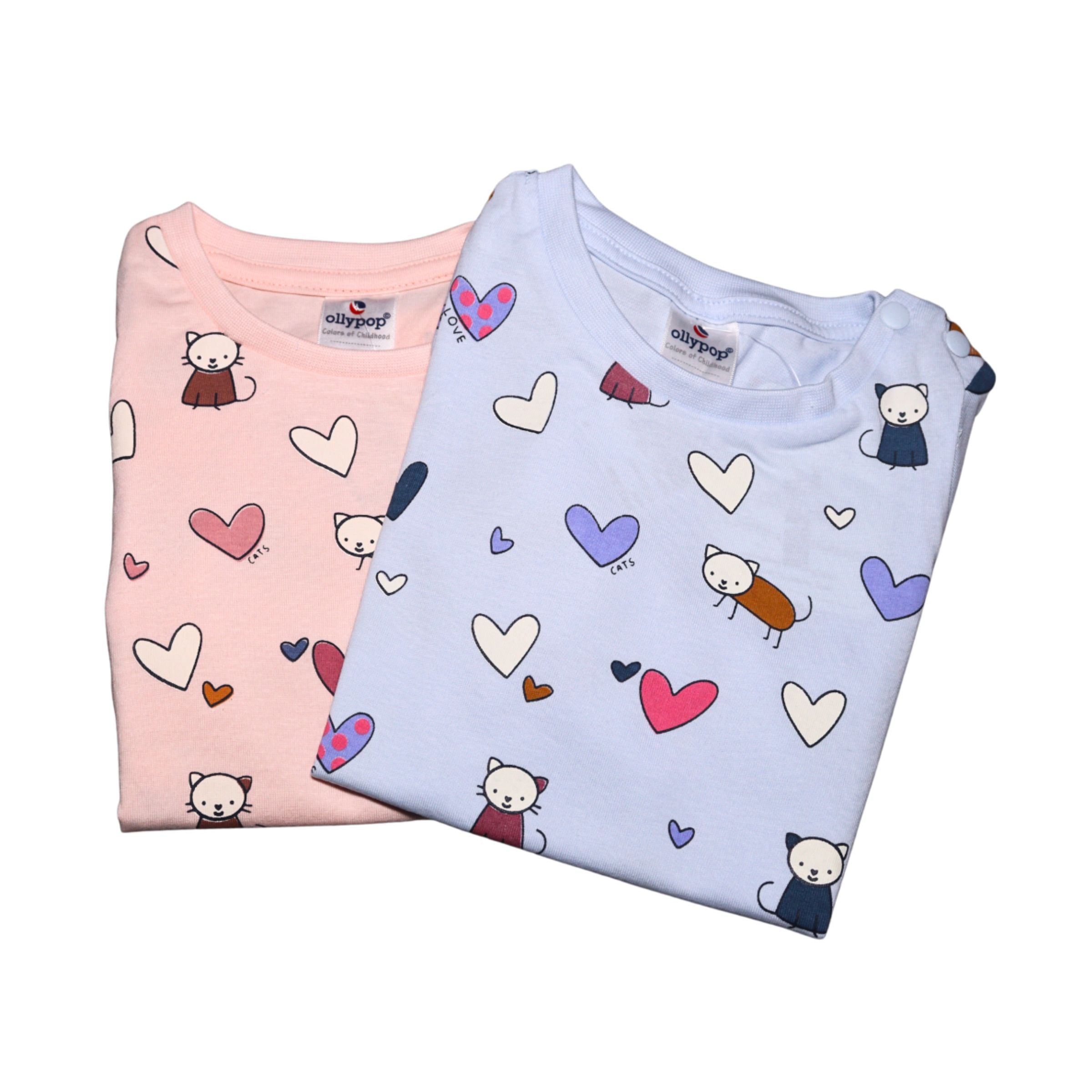 ollypop Sinker Knit Half Sleeves ,Round Neck with heart printed T-Shirt & Shorts Set in blue and pink and blue color