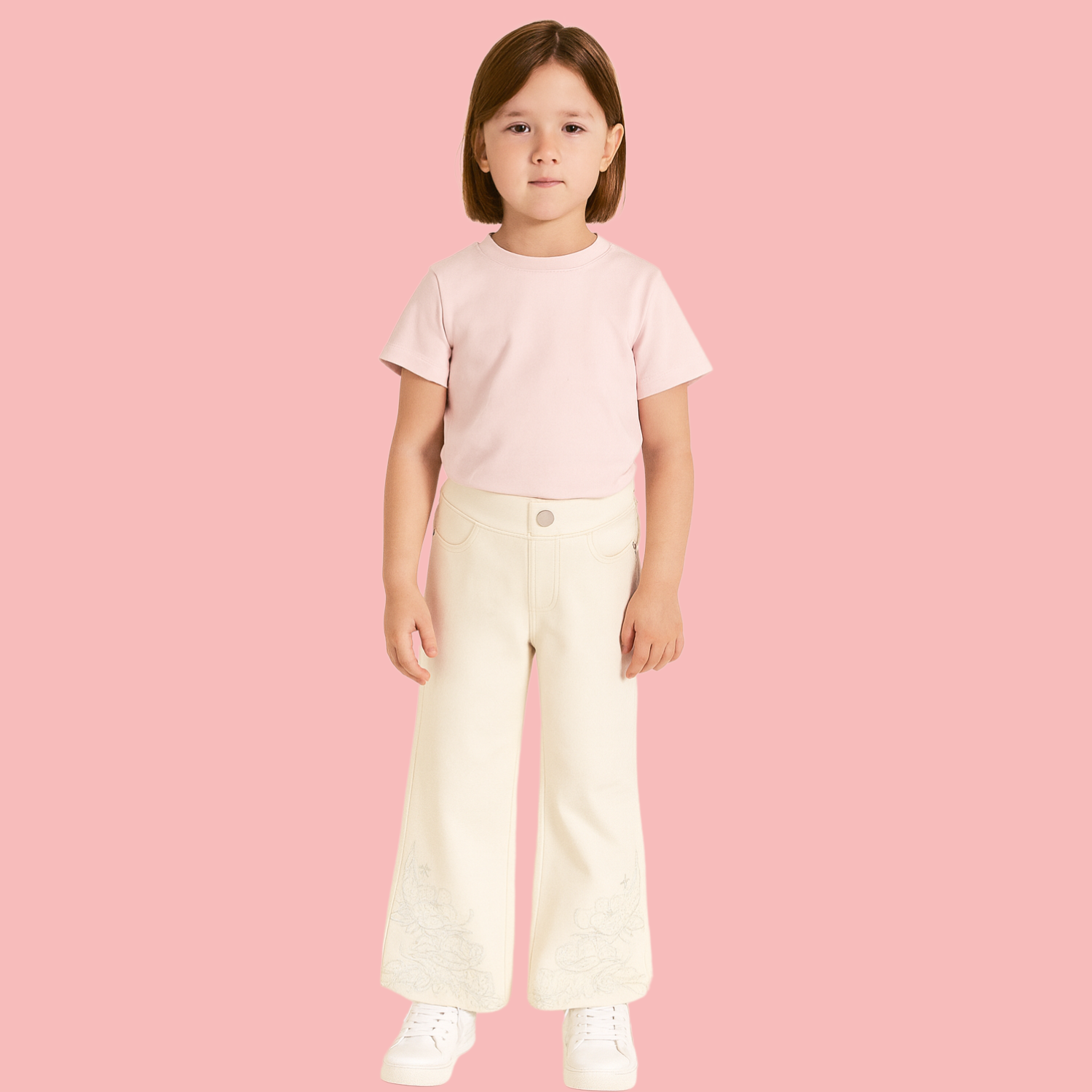 LOVEKINS Girls’ Cream Wide-Leg Floral Embroidered Pants (5–15 Years)