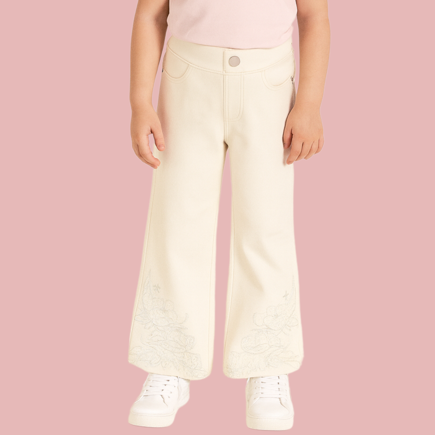 LOVEKINS Girls’ Cream Wide-Leg Floral Embroidered Pants (5–15 Years)