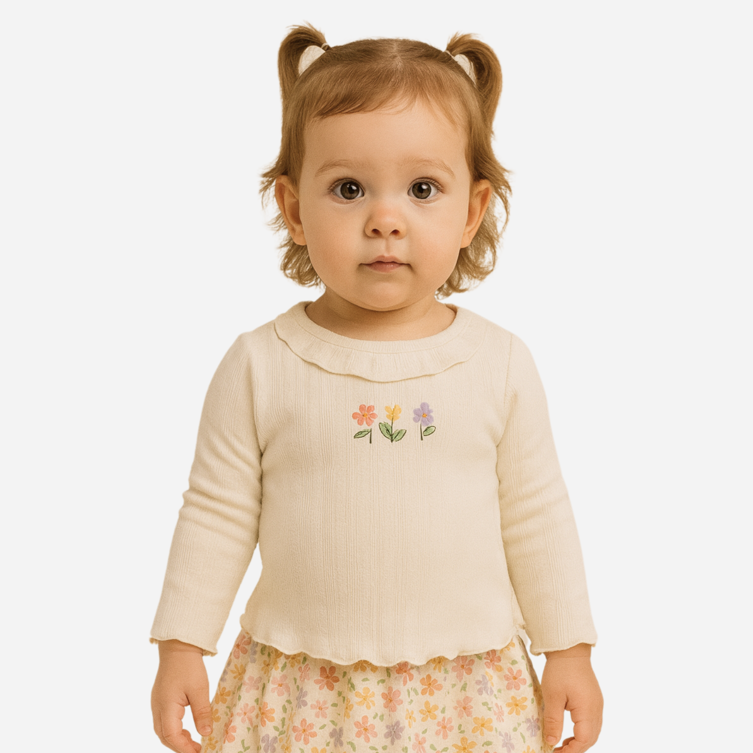 Orrigany Girls Cotton Top – Fawn Ribbed Knit with Embroidered Flowers & Ruffled Collar | Soft, Elegant Daily Wear for Kids (1–6 Years)