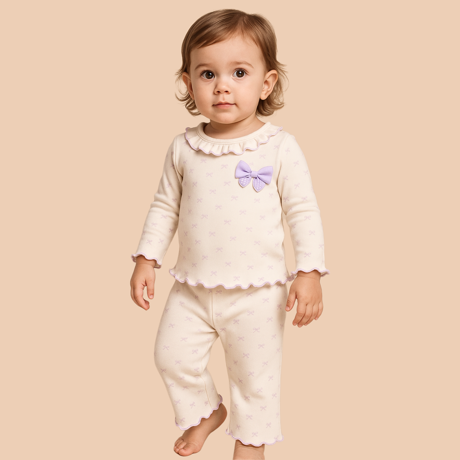 Orrigany Girls Cotton Top & Legging Set – Soft Cream with Purple Bow Detail | Comfortable Daily Wear Outfit for Kids (1–6 Years)