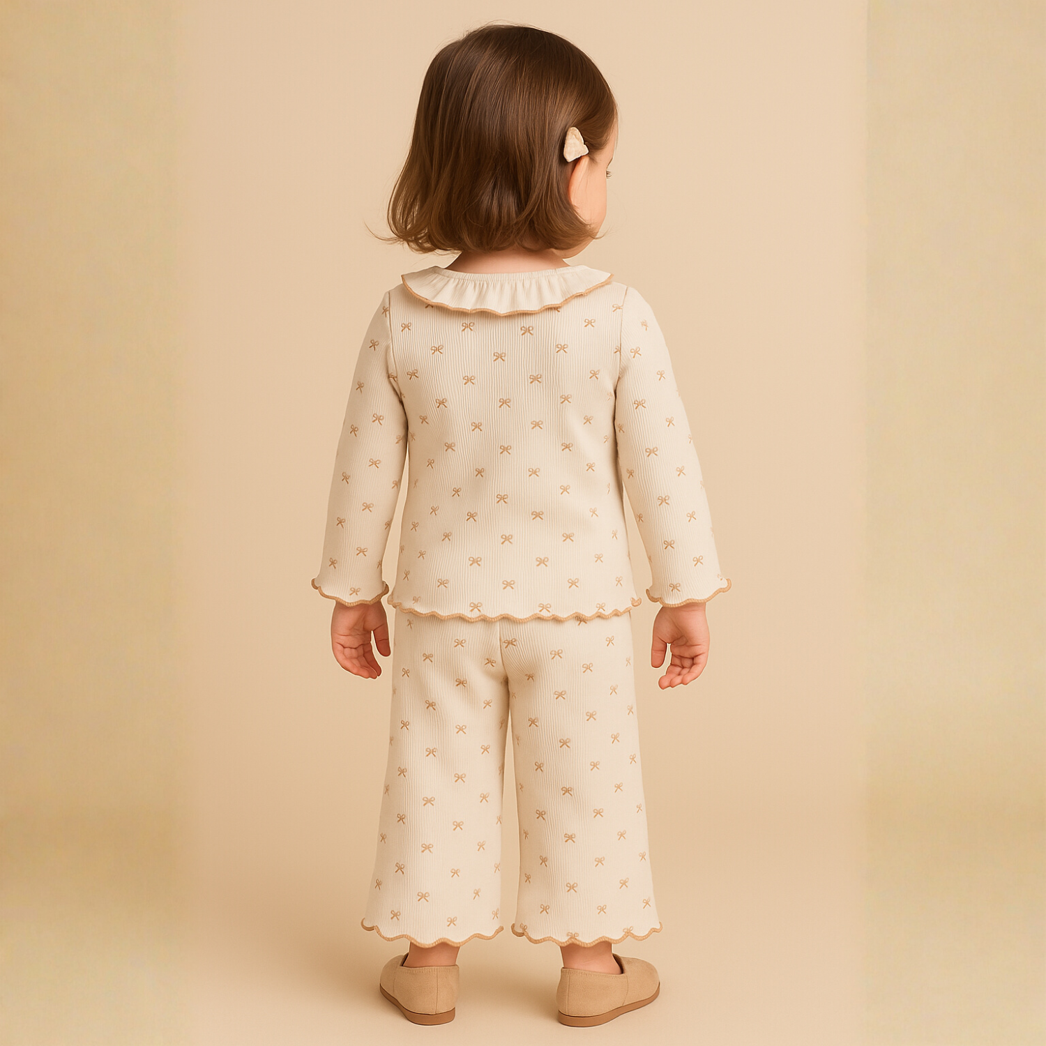 Orrigany Girls Cotton Top & Legging Set – Fawn Bow Print Outfit with Ruffled Collar & Floral Appliqué | Soft, Comfy Daily Wear for Kids (1–6 Years)