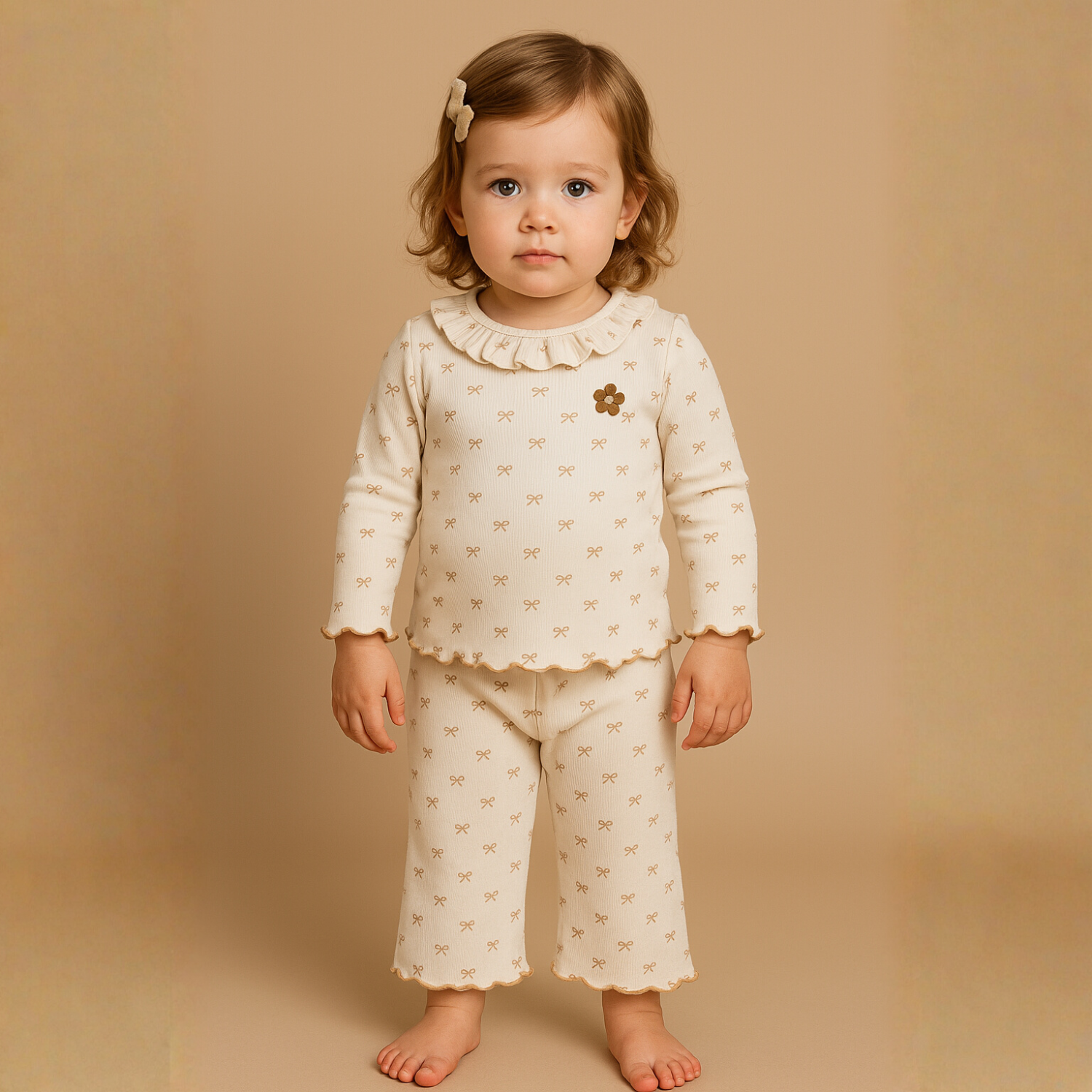 Orrigany Girls Cotton Top & Legging Set – Fawn Bow Print Outfit with Ruffled Collar & Floral Appliqué | Soft, Comfy Daily Wear for Kids (1–6 Years)