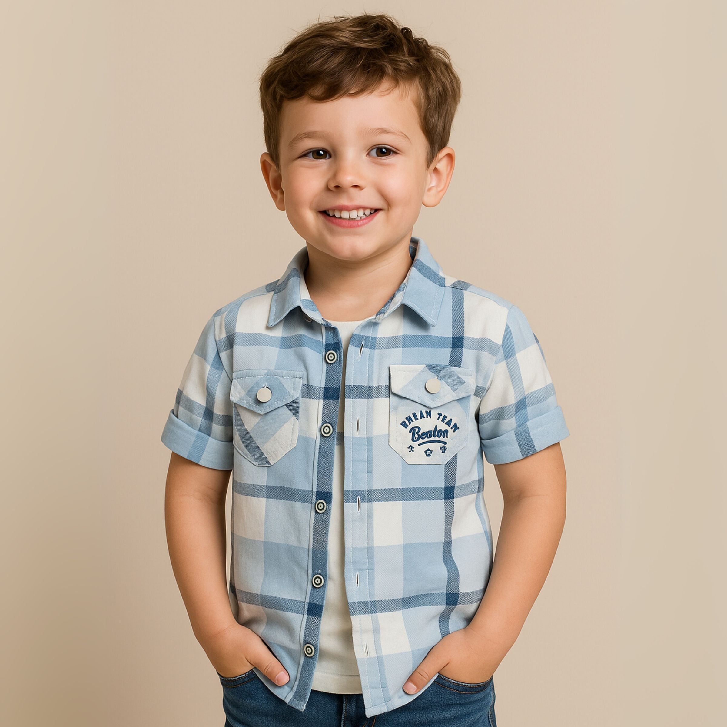 Smile Baby Boys’ Sky & Fawn Casual Shirt and T-Shirt Combo – Ages 3 to 14 Years