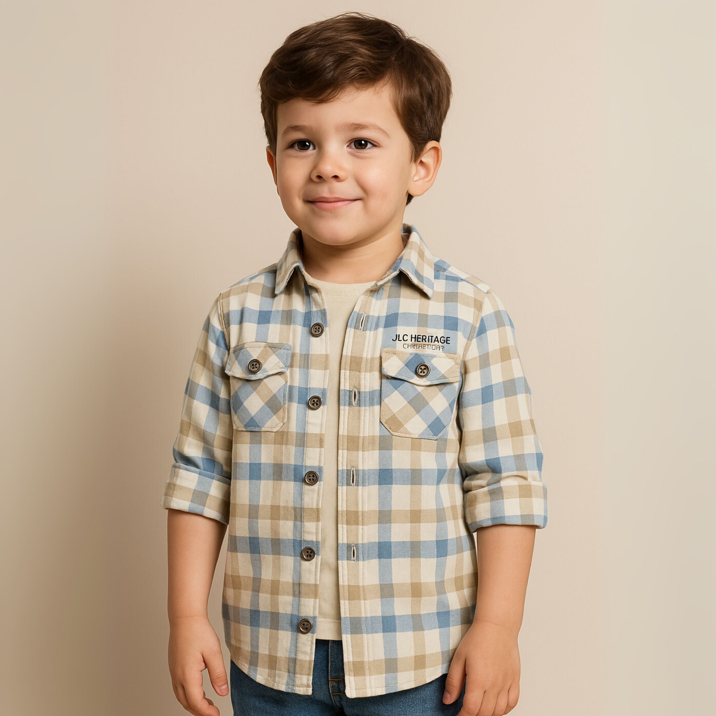 Smile Baby Boys’ Pink & Khaki Check Shirt and Printed T-Shirt Combo – Ages 3 to 14 Years