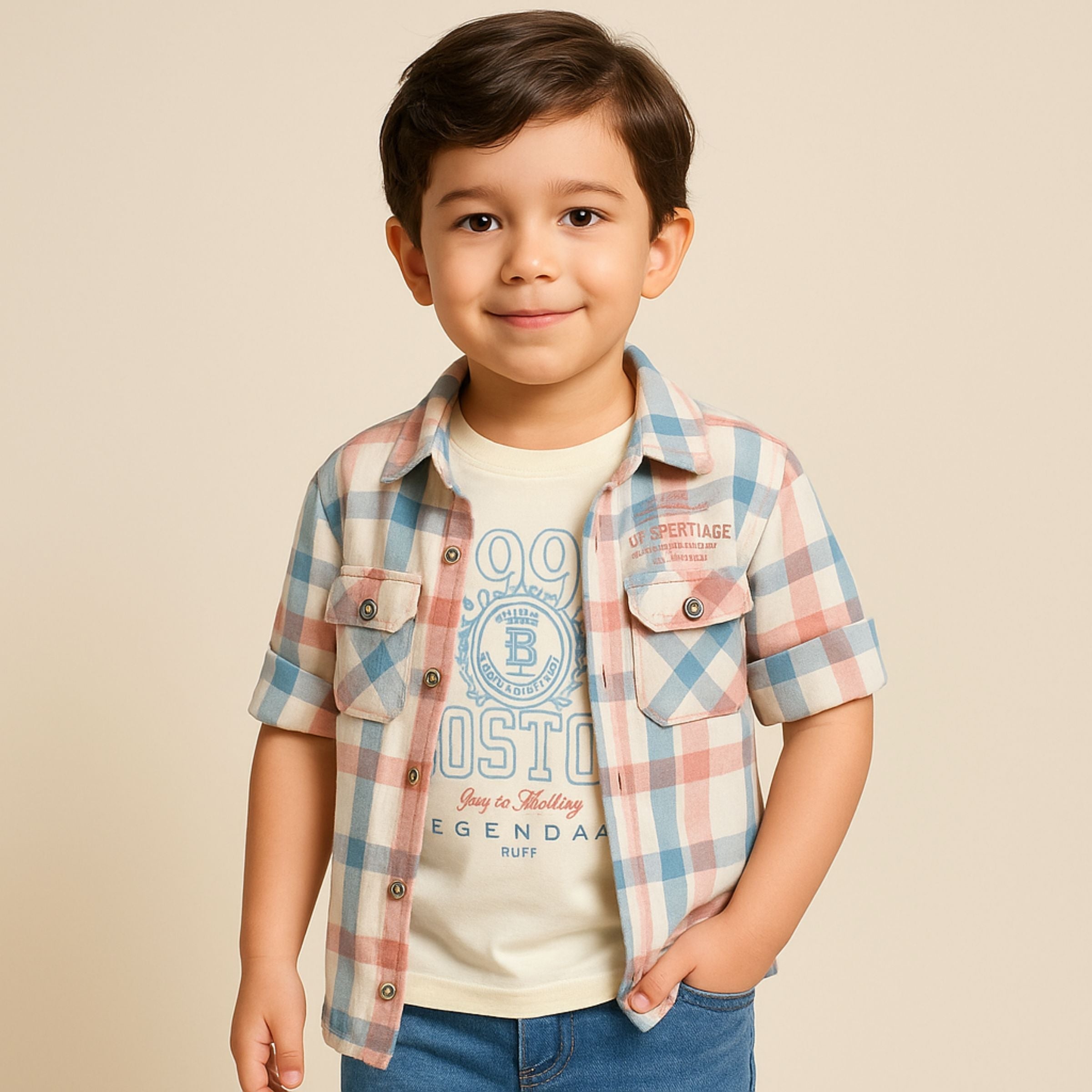 Smile Baby Boys’ Pink & Khaki Check Shirt and Printed T-Shirt Combo – Ages 3 to 14 Years