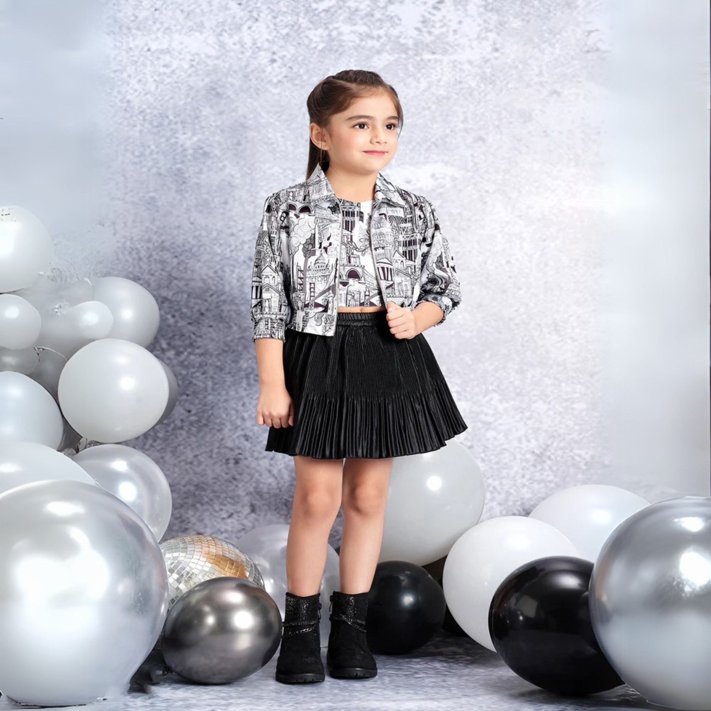 Tiny Baby Girls Black Printed Shoulder Straps Top With Skirt & Jacket